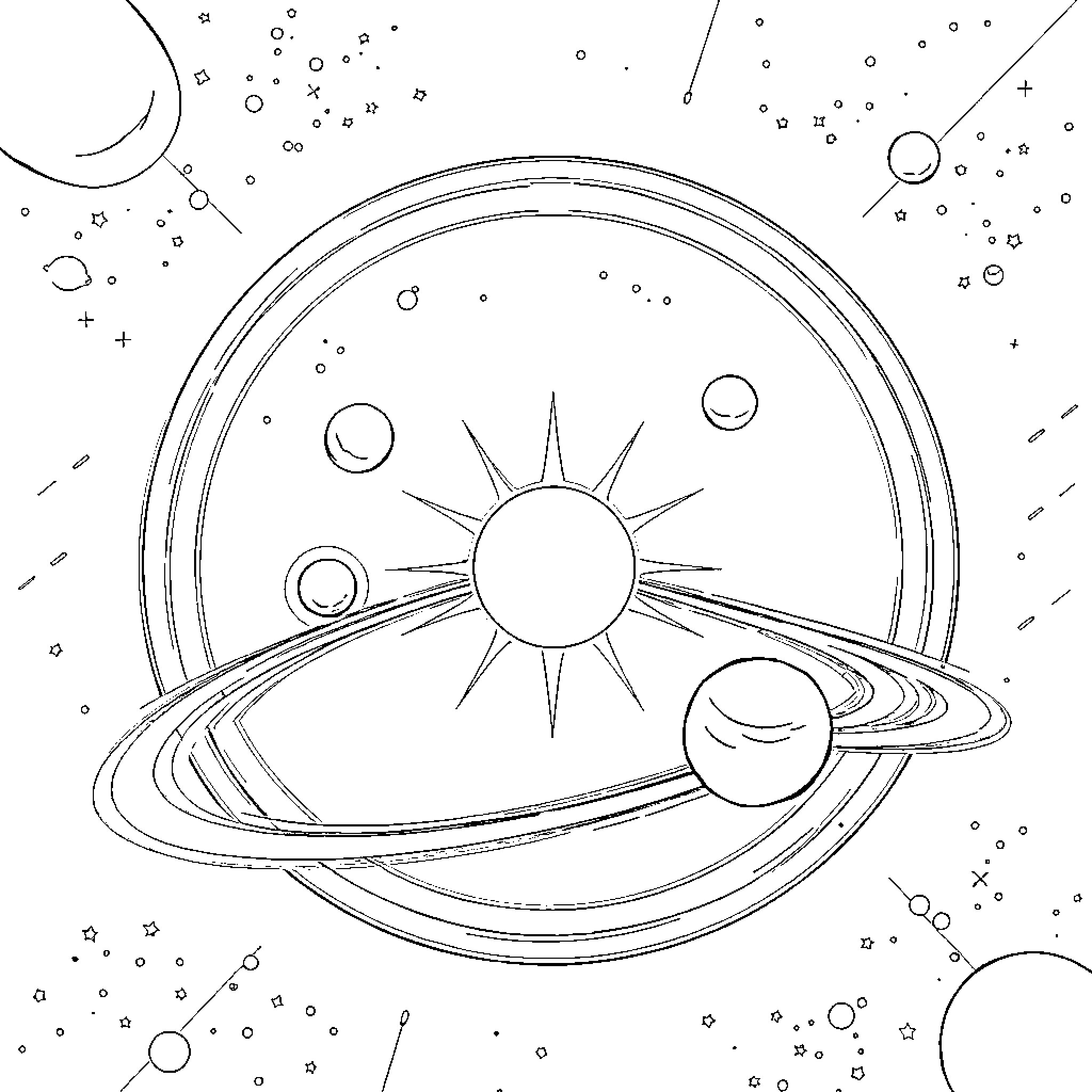 Solar System with Celestial Bodies and Cosmic Patterns Coloring Page (free black-and-white line drawing printable PDF for all, from beginners to advanced learners, including children, teens, adults, and seniors)