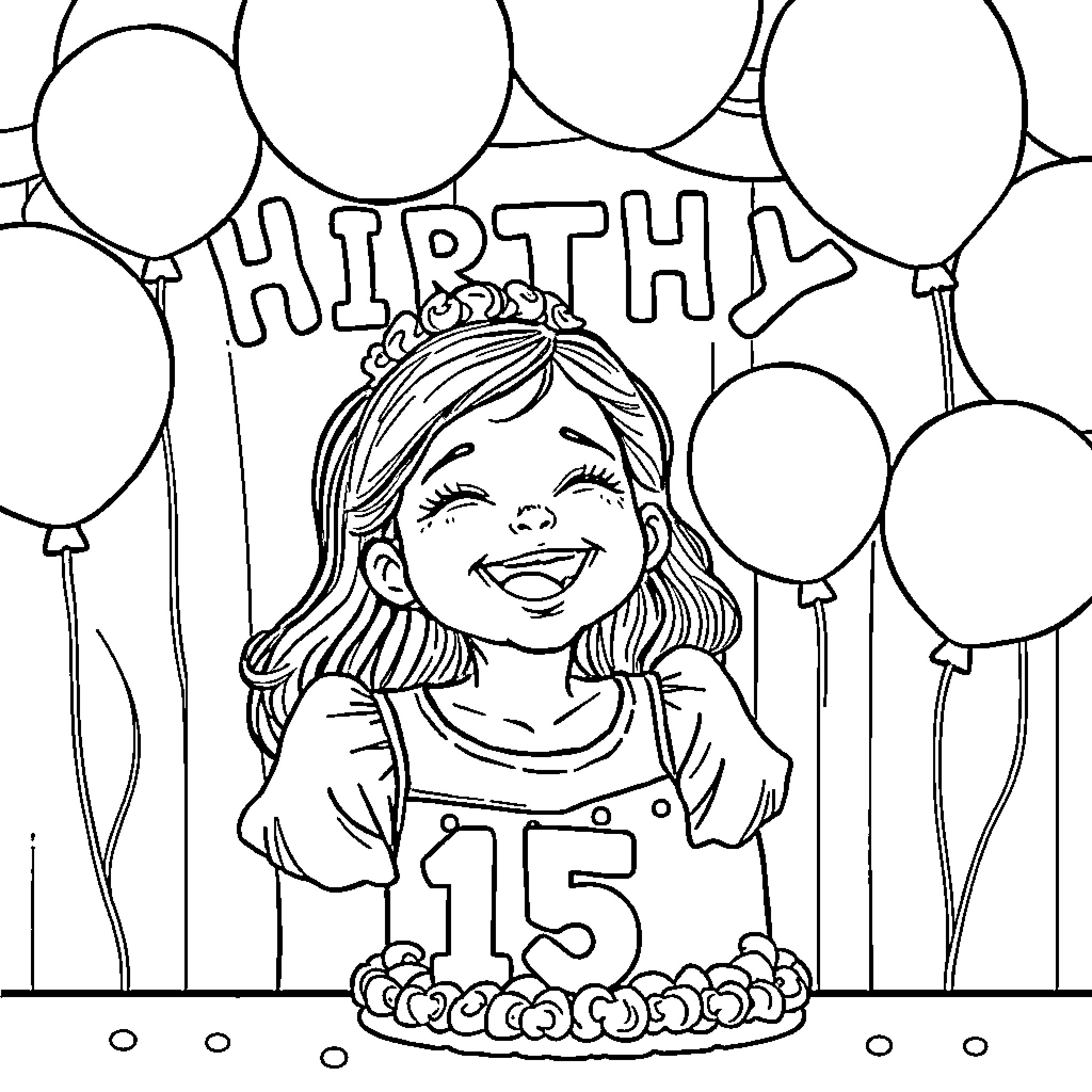 Daughter celebrates her 15th birthday with balloons Coloring Page (free black-and-white line drawing printable PDF for all, from beginners to advanced learners, including children, teens, adults, and seniors)