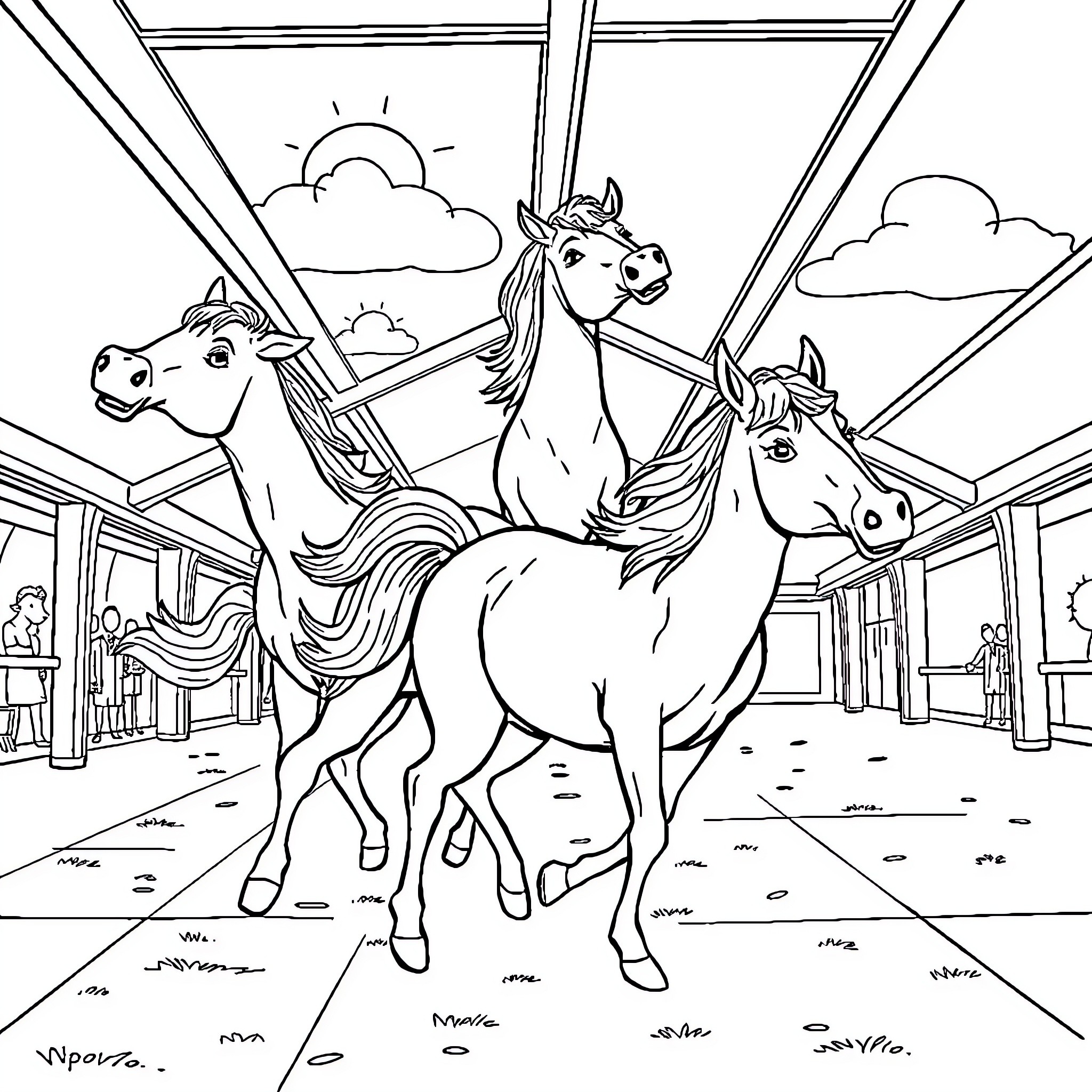 Vaca Horses Running Freely in Sunny Pasture Coloring Page (free black-and-white line drawing printable PDF for all, from beginners to advanced learners, including children, teens, adults, and seniors)