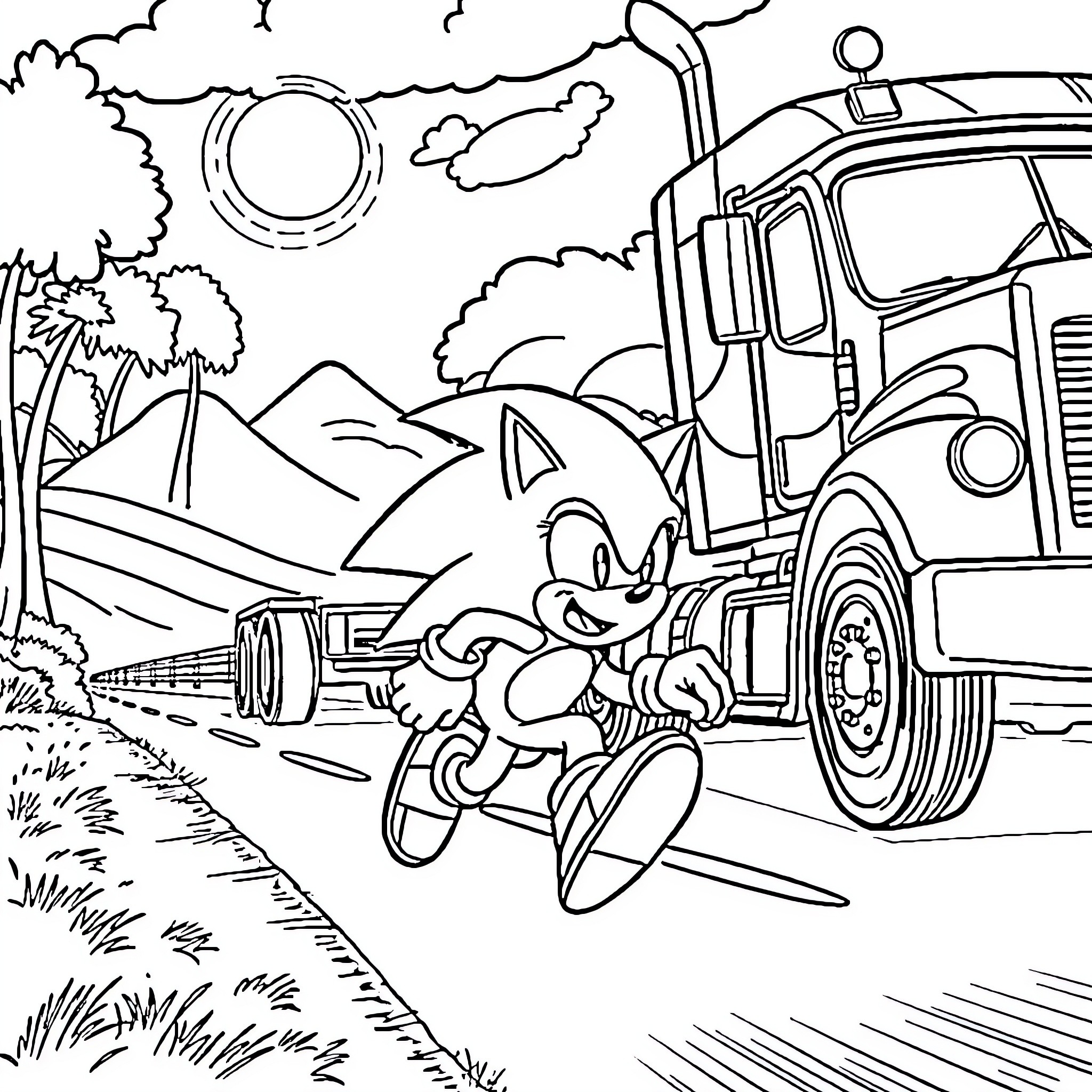 Sonic's Adventurous Ride through the Countryside Coloring Page (free black-and-white line drawing printable PDF for all, from beginners to advanced learners, including children, teens, adults, and seniors)