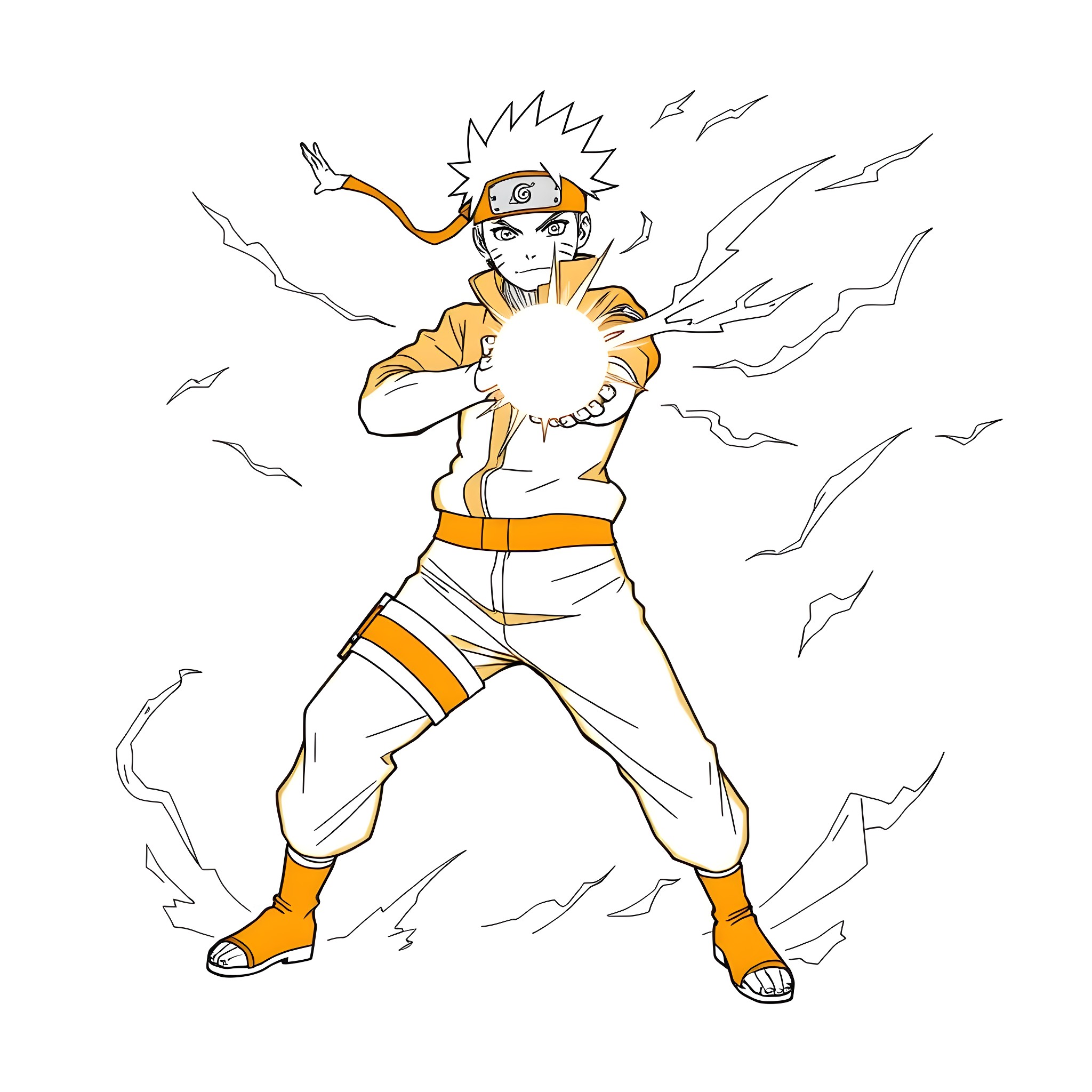 Naruto using powerful ninjutsu in action pose Coloring Page (free black-and-white line drawing printable PDF for all, from beginners to advanced learners, including children, teens, adults, and seniors)