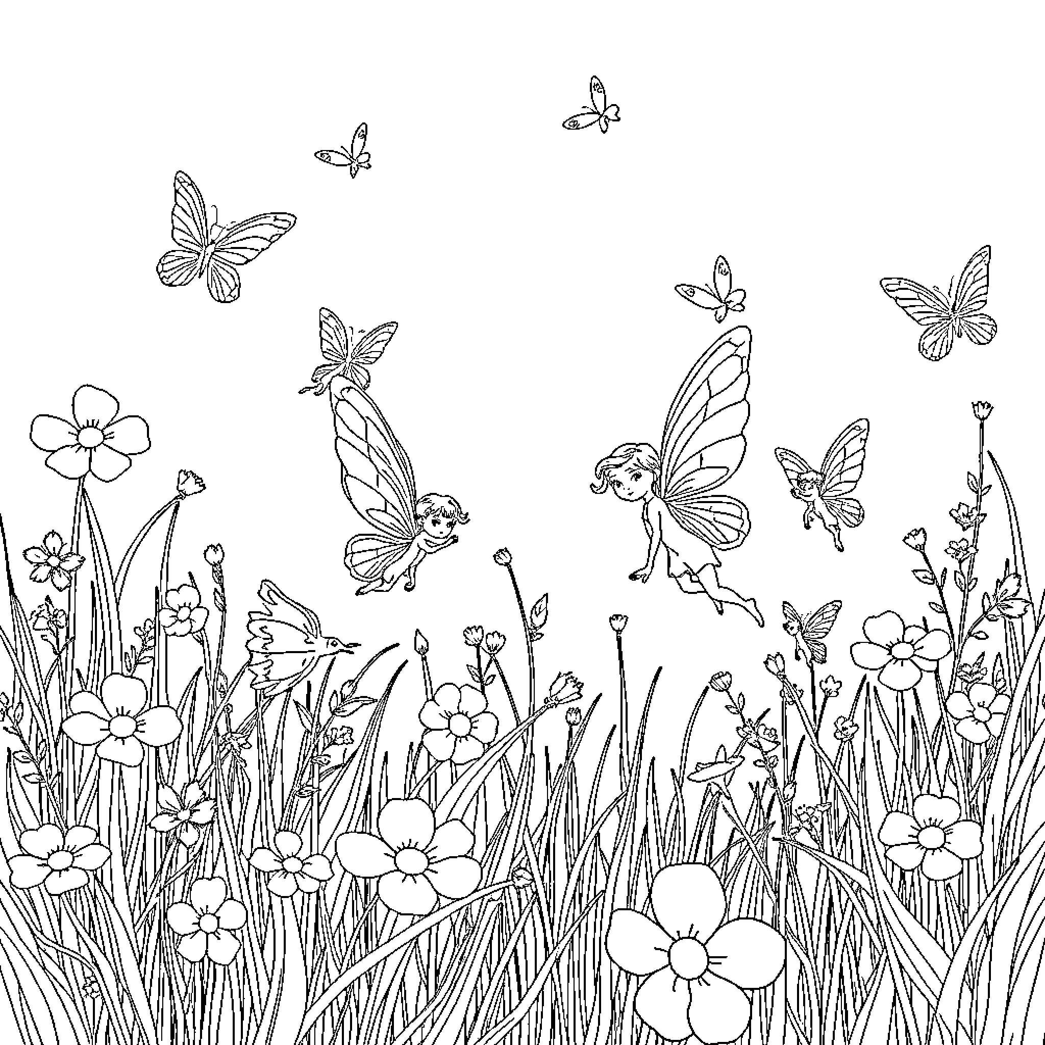 Fairy Creatures Frolicking in Enchanted Meadow Coloring Page (free black-and-white line drawing printable PDF for all, from beginners to advanced learners, including children, teens, adults, and seniors)