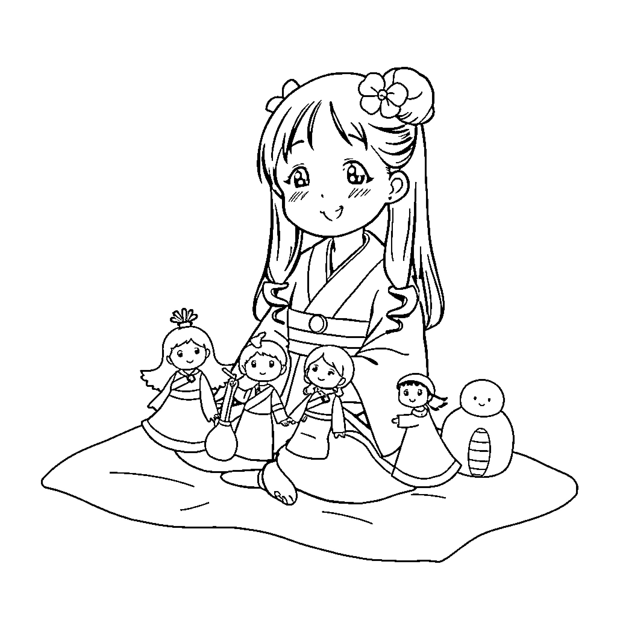 Nezuko interacting with various anime characters Coloring Page (free black-and-white line drawing printable PDF for all, from beginners to advanced learners, including children, teens, adults, and seniors)