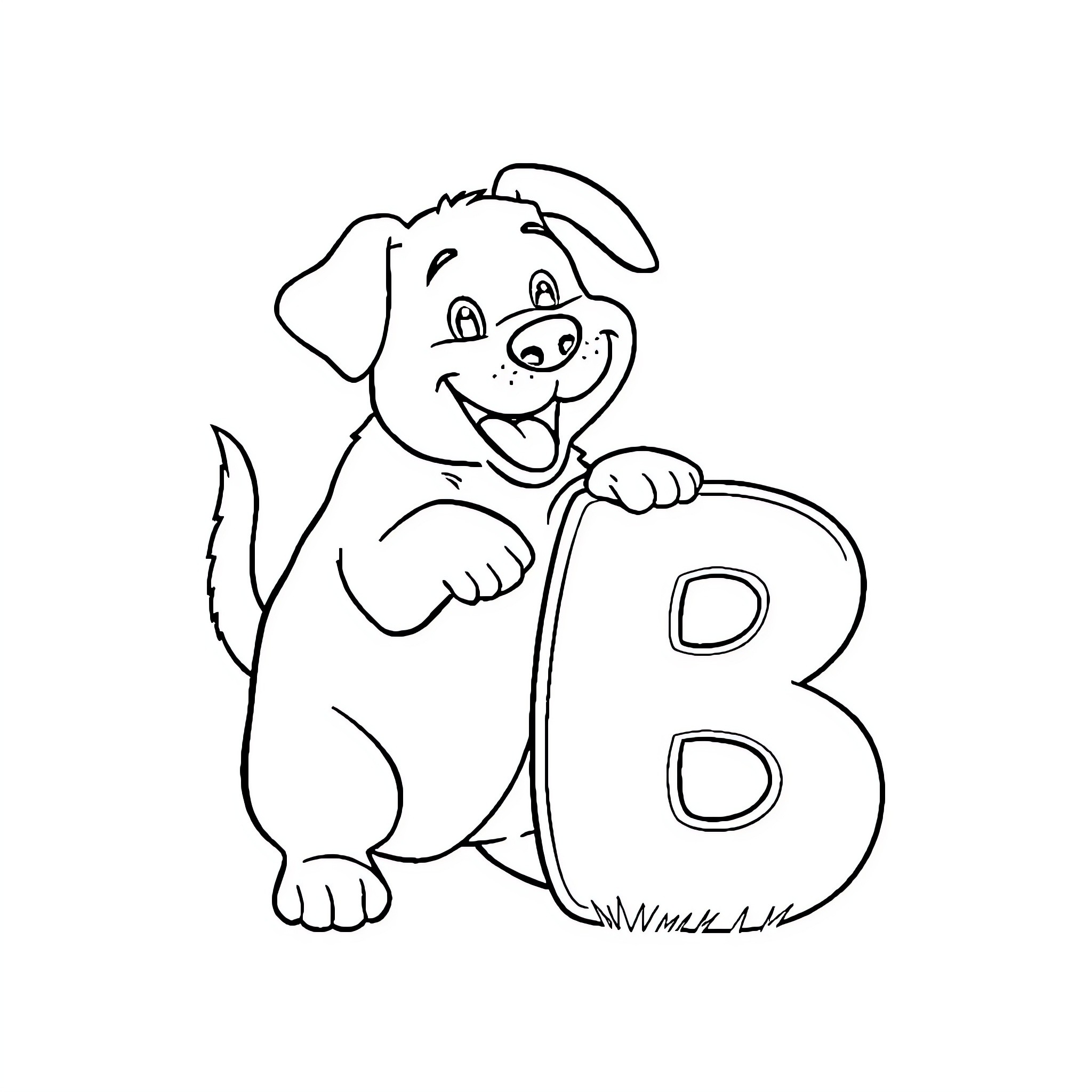 Dog playing with letter B Coloring Page (free black-and-white line drawing printable PDF for all, from beginners to advanced learners, including children, teens, adults, and seniors)