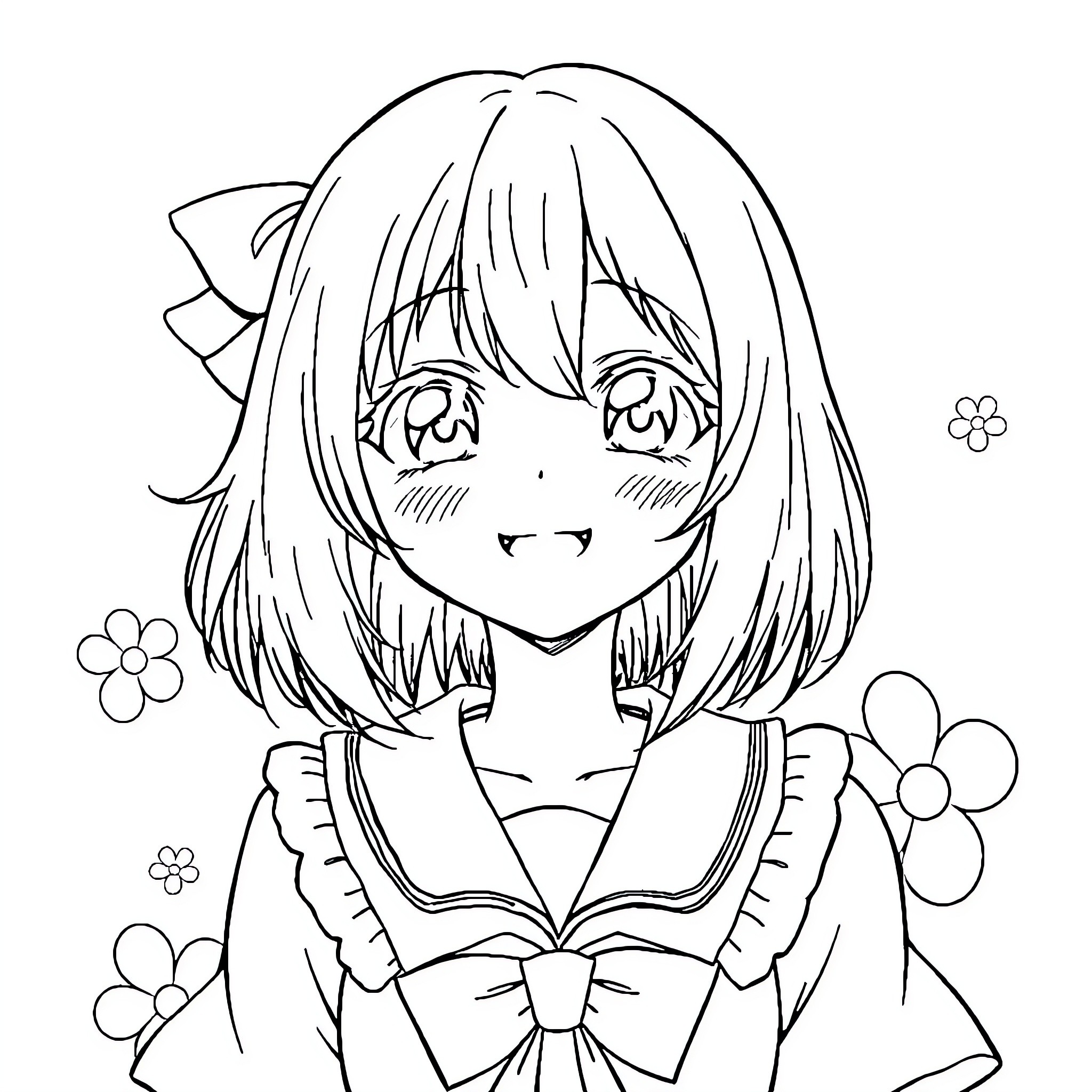 Shina Mahiru smiling sweetly in a school uniform Coloring Page (free black-and-white line drawing printable PDF for all, from beginners to advanced learners, including children, teens, adults, and seniors)