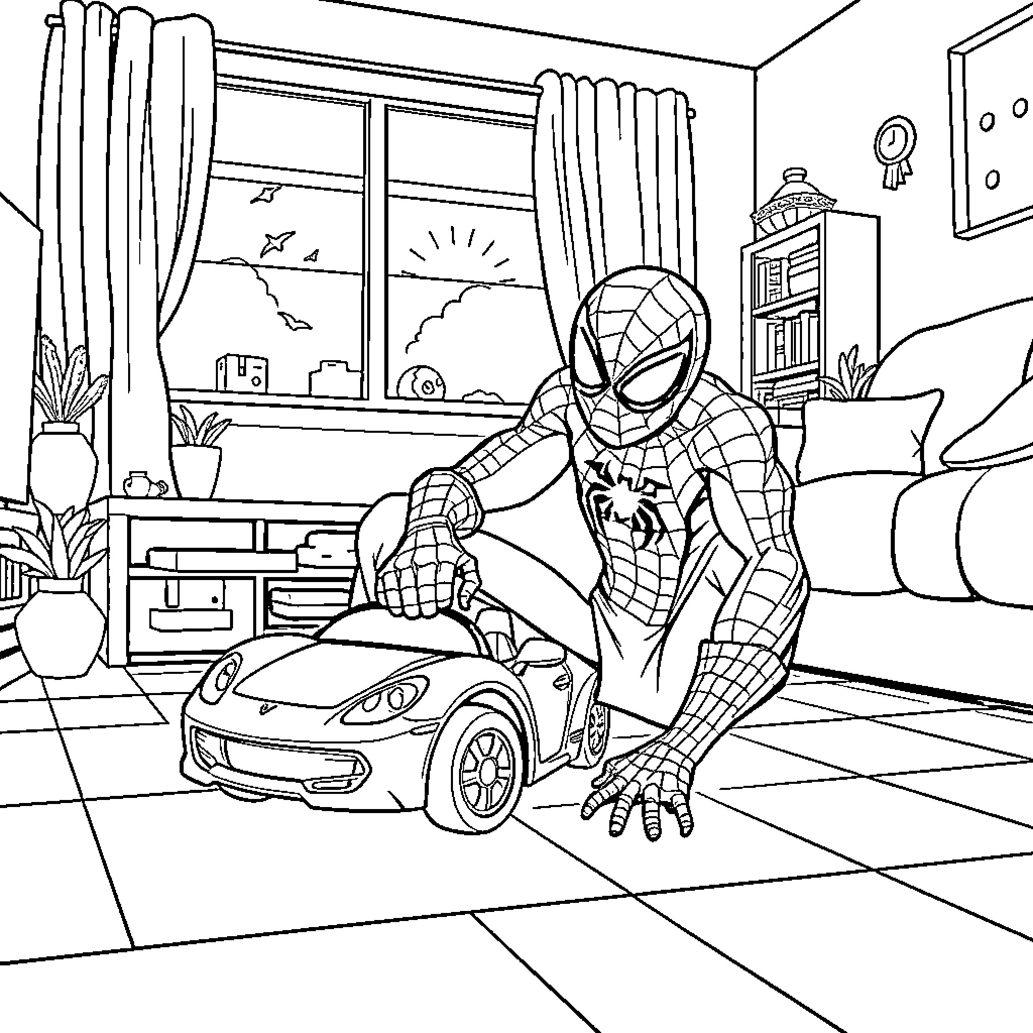 Spiderman driving his high-tech car in the living room Coloring Page (free black-and-white line drawing printable PDF for all, from beginners to advanced learners, including children, teens, adults, and seniors)