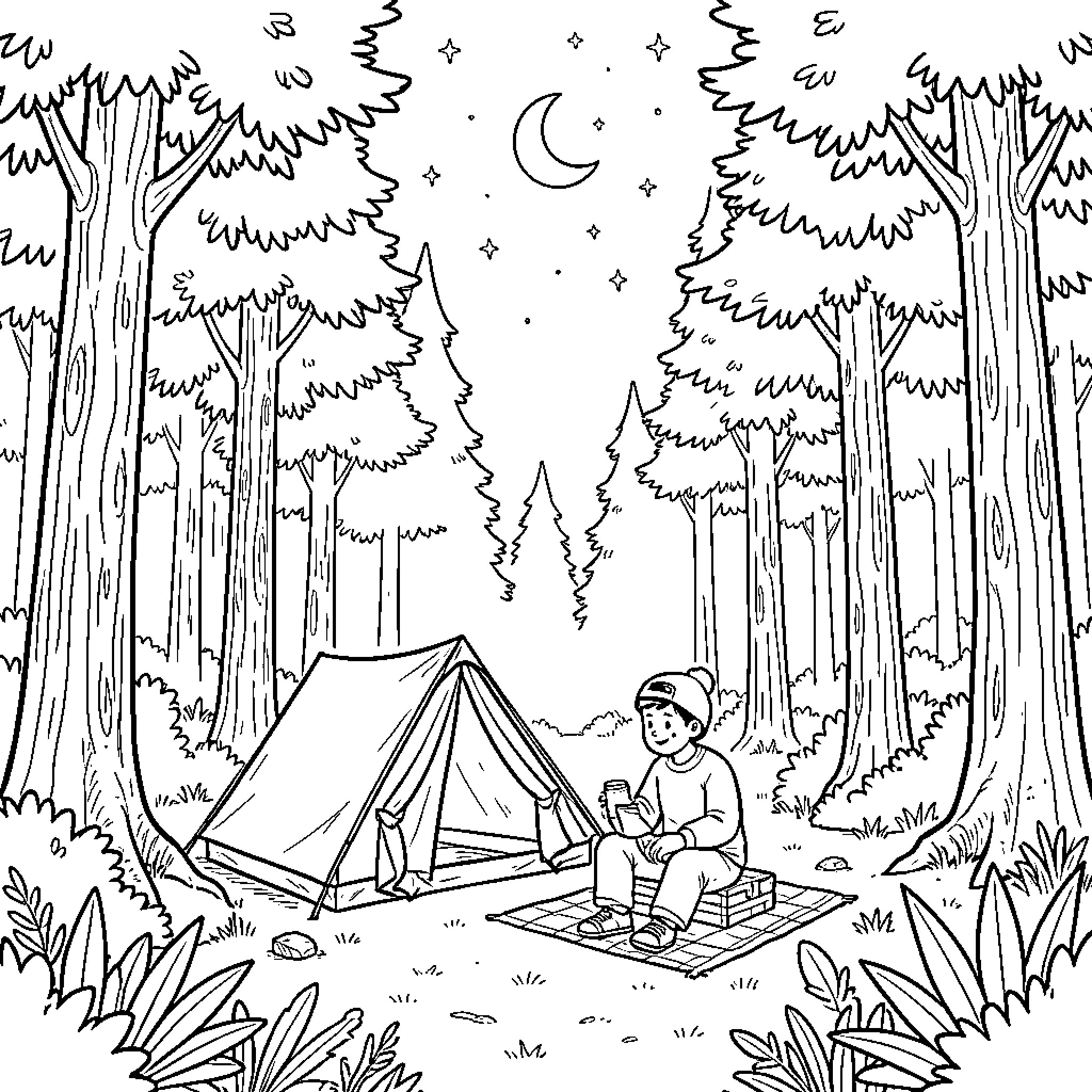Tung Tung camping under the starry night sky Coloring Page (free black-and-white line drawing printable PDF for all, from beginners to advanced learners, including children, teens, adults, and seniors)