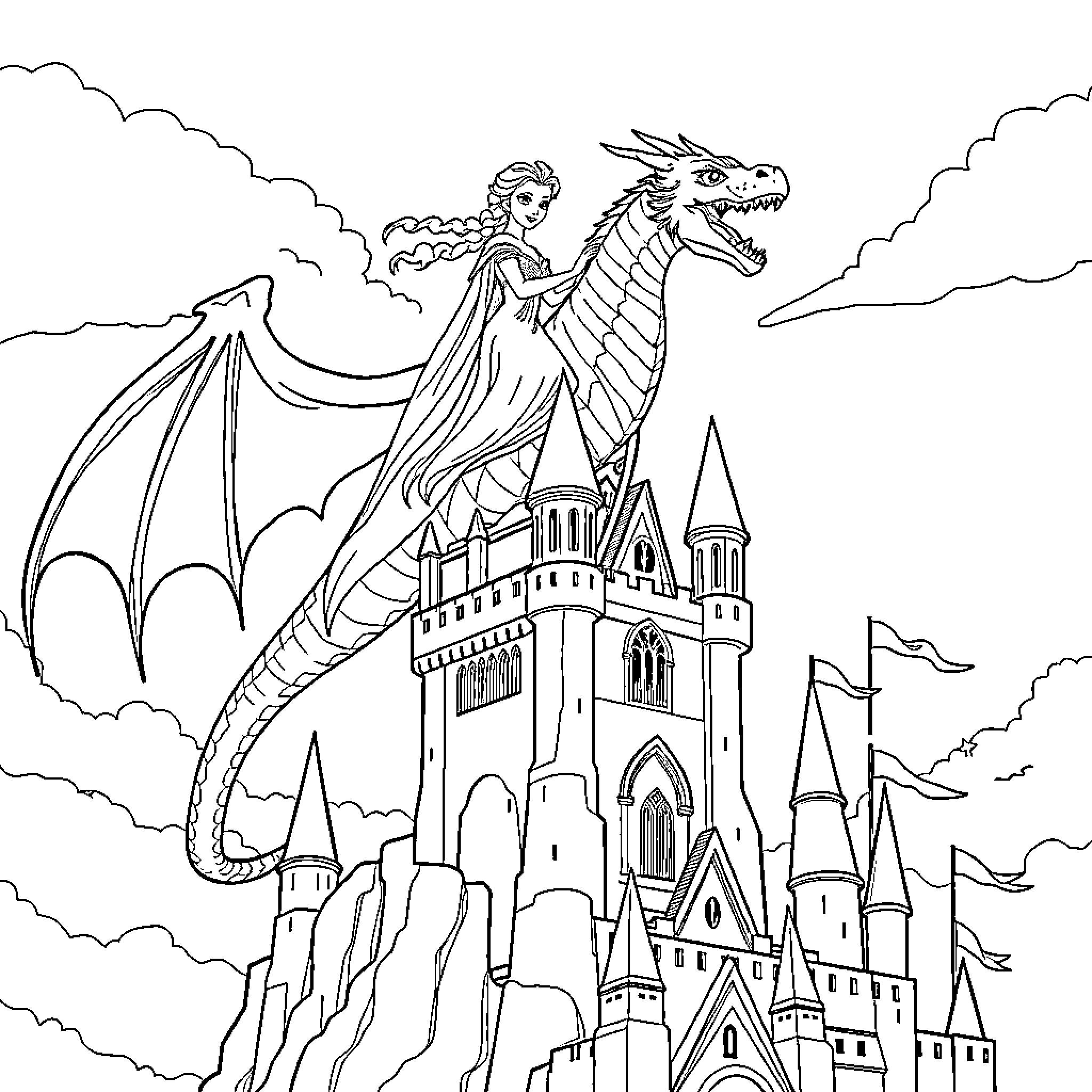 Elsa riding a dragon over a magical castle Coloring Page (free black-and-white line drawing printable PDF for all, from beginners to advanced learners, including children, teens, adults, and seniors)