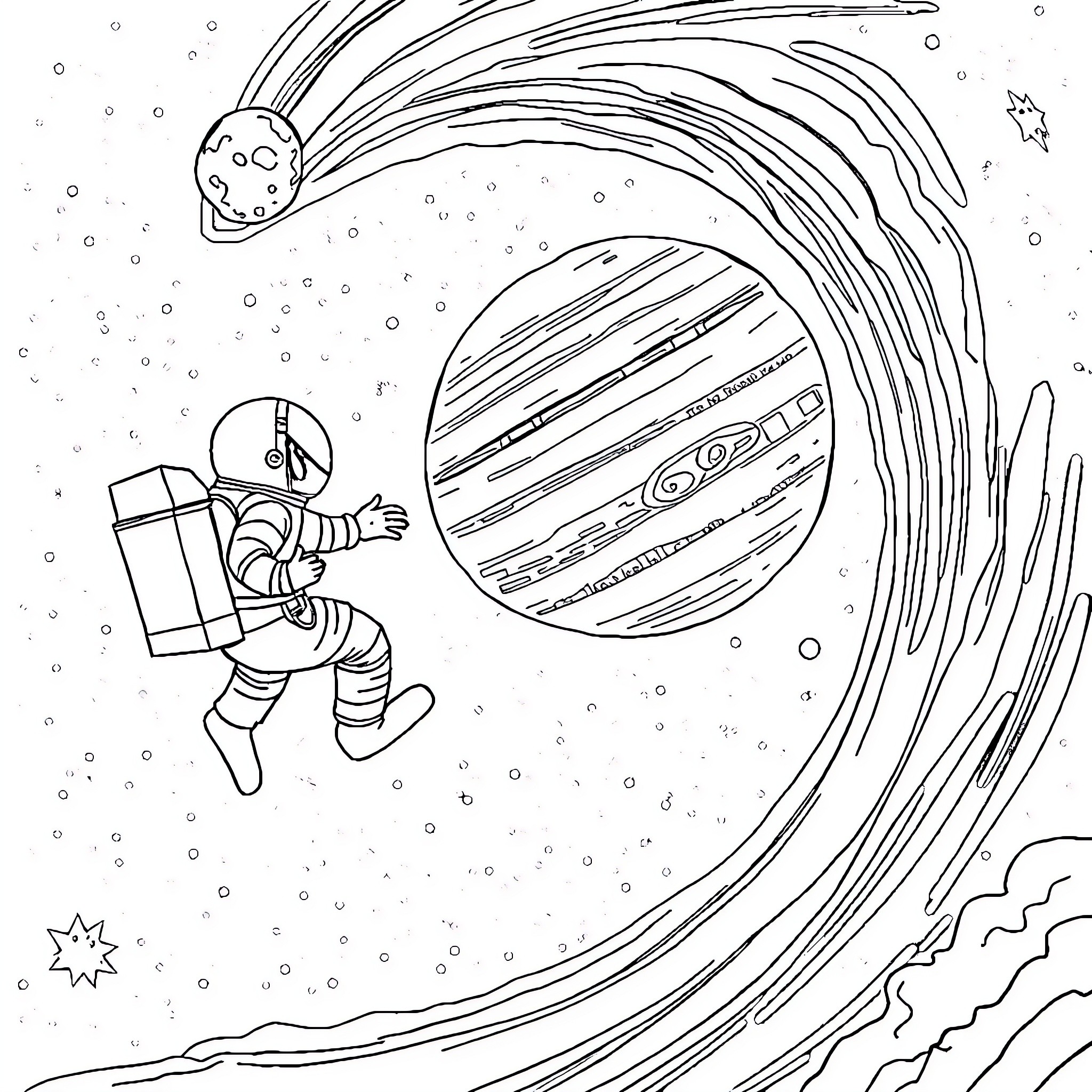 Astronaut exploring the cosmos with a comet Coloring Page (free black-and-white line drawing printable PDF for all, from beginners to advanced learners, including children, teens, adults, and seniors)