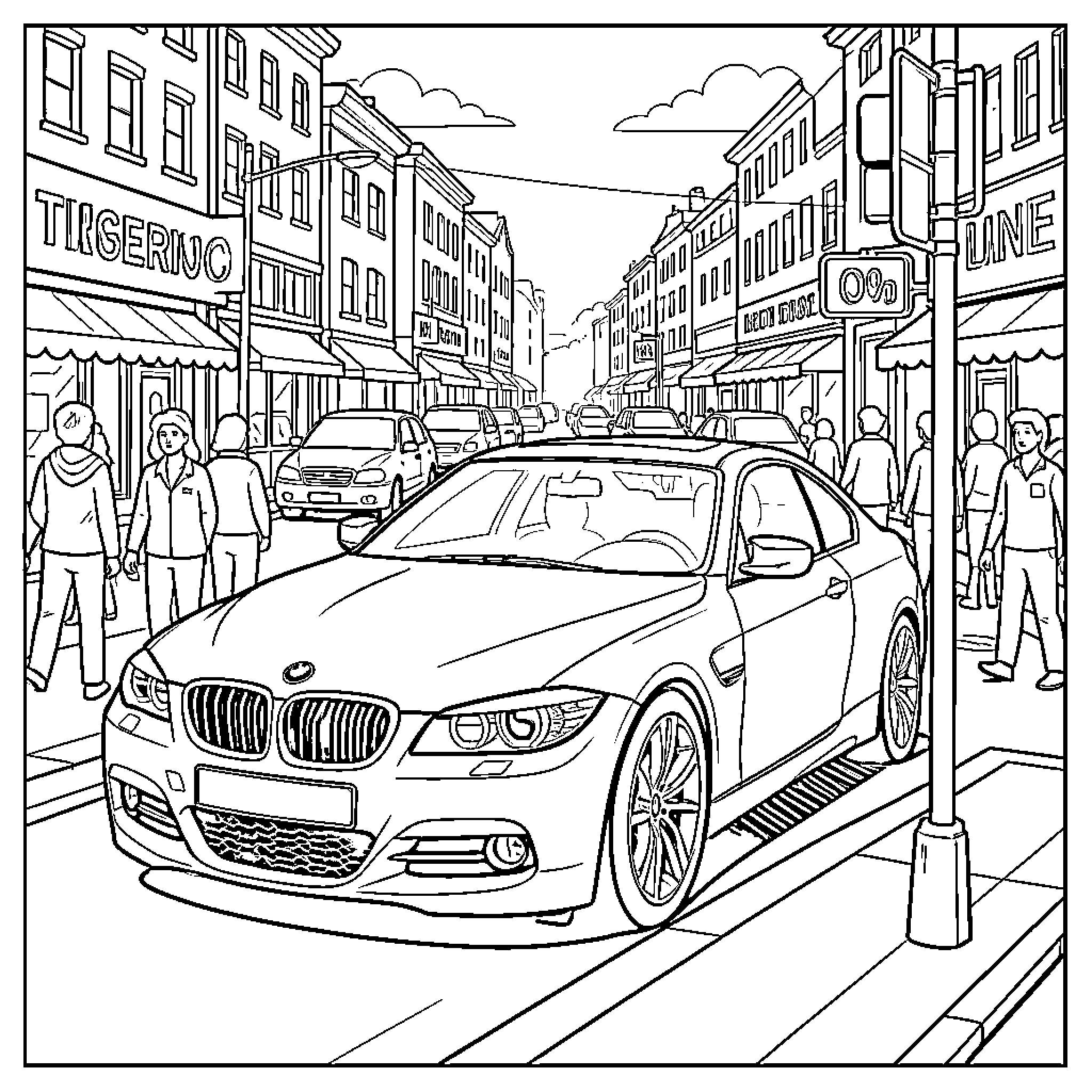 BMW driving through a busy city street Coloring Page (free black-and-white line drawing printable PDF for all, from beginners to advanced learners, including children, teens, adults, and seniors)