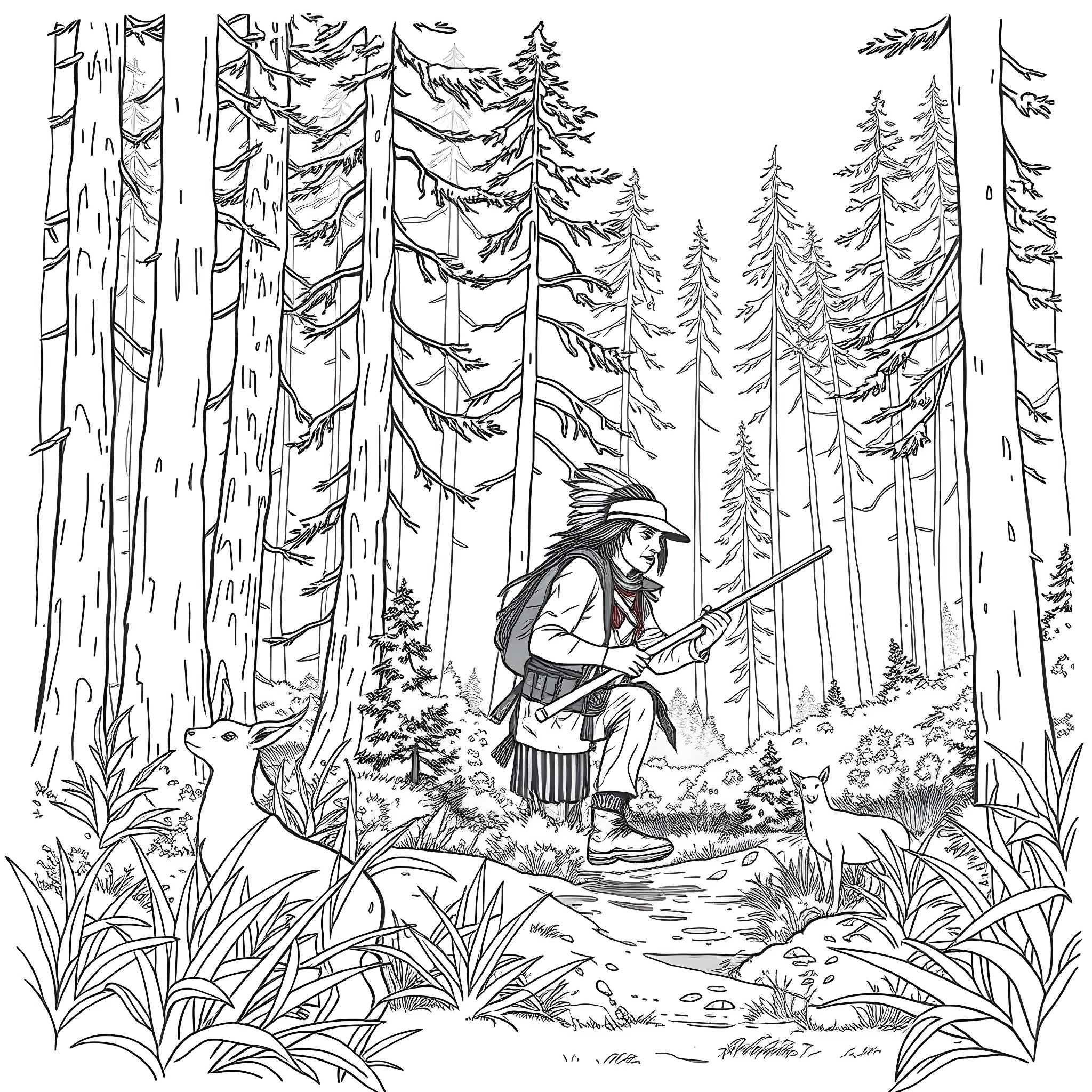 Cherokee Hunter in the Woodland Wilderness Coloring Page (free black-and-white line drawing printable PDF for all, from beginners to advanced learners, including children, teens, adults, and seniors)