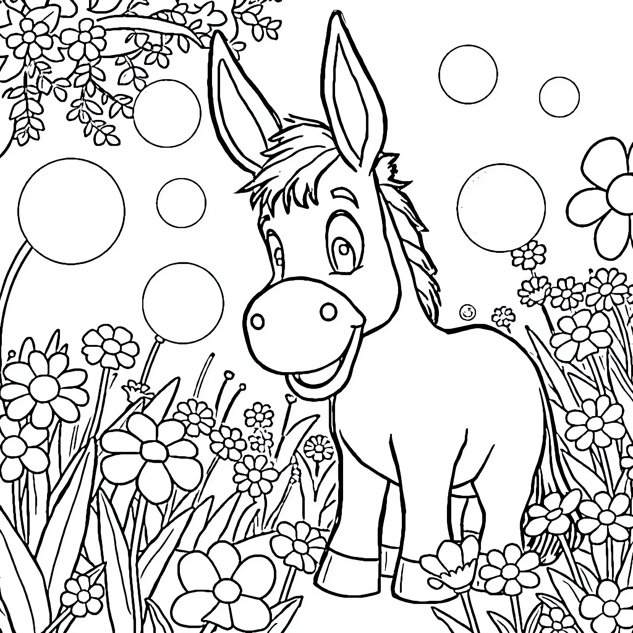 Donkey enjoying a floral wonderland Coloring Page (free black-and-white line drawing printable PDF for all, from beginners to advanced learners, including children, teens, adults, and seniors)