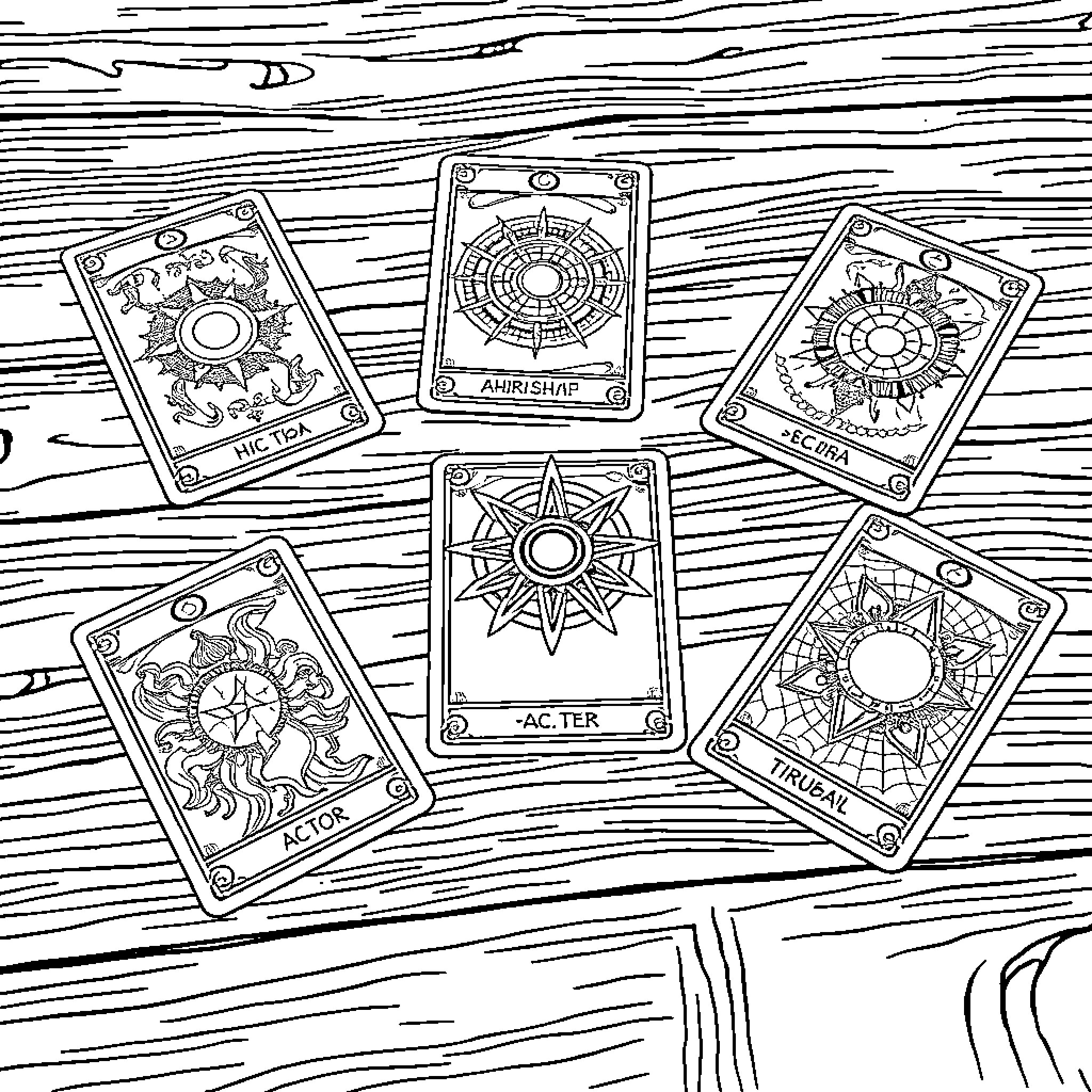 Tarot Cards Displayed on Wooden Table Coloring Page (free black-and-white line drawing printable PDF for all, from beginners to advanced learners, including children, teens, adults, and seniors)