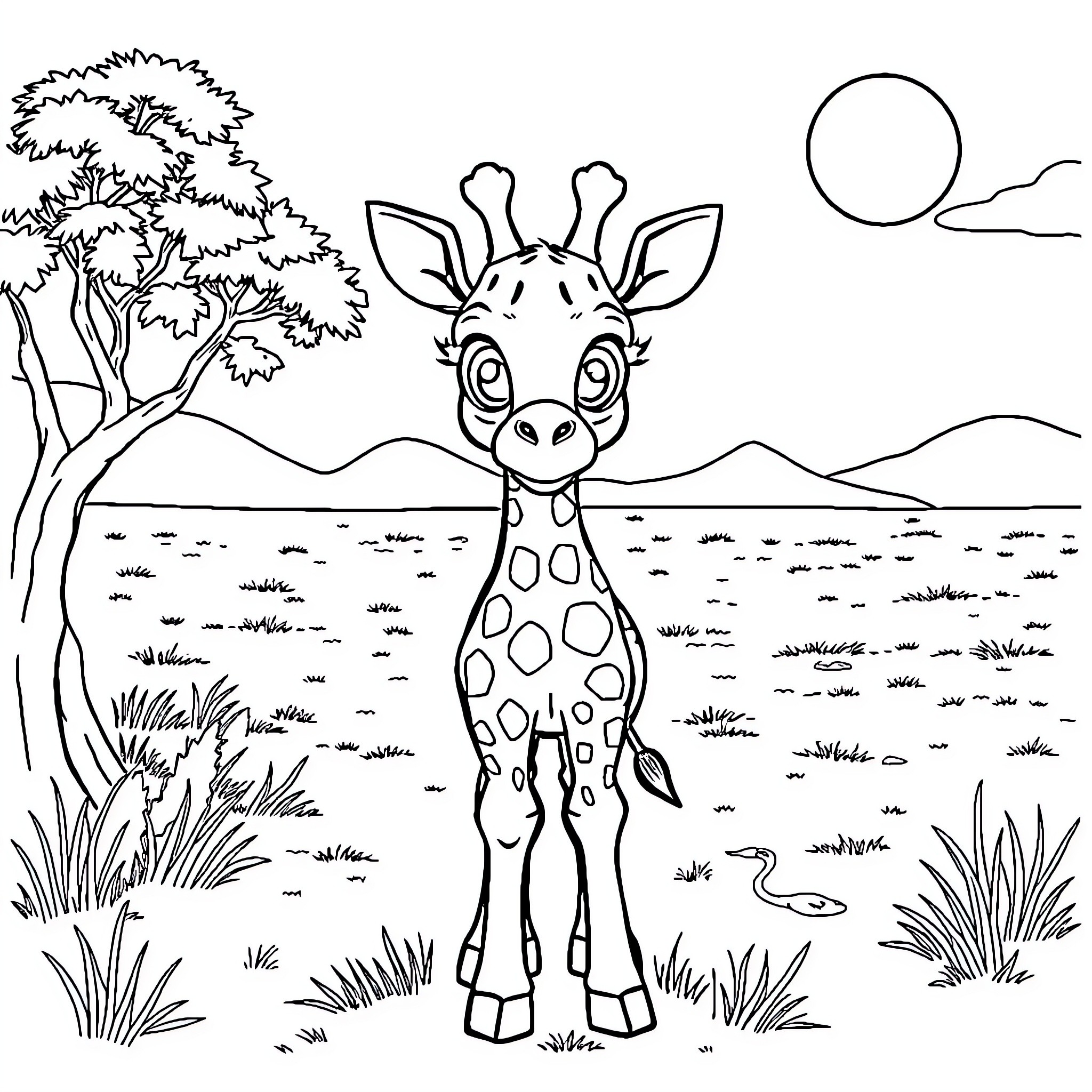 Giraffe observing the serene landscape Coloring Page (free black-and-white line drawing printable PDF for all, from beginners to advanced learners, including children, teens, adults, and seniors)