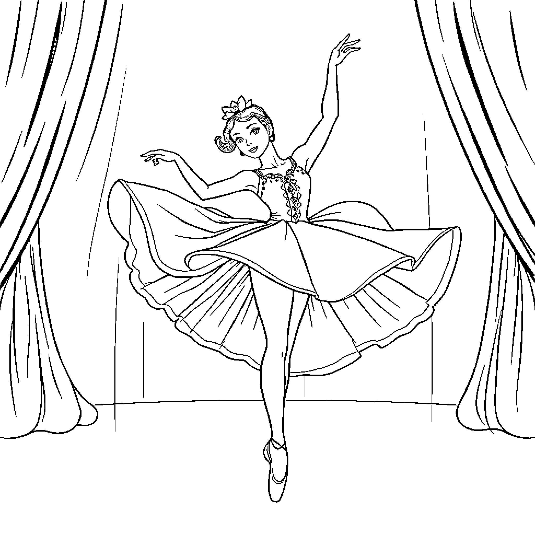 Ballerina performing graceful dance on stage Coloring Page (free black-and-white line drawing printable PDF for all, from beginners to advanced learners, including children, teens, adults, and seniors)