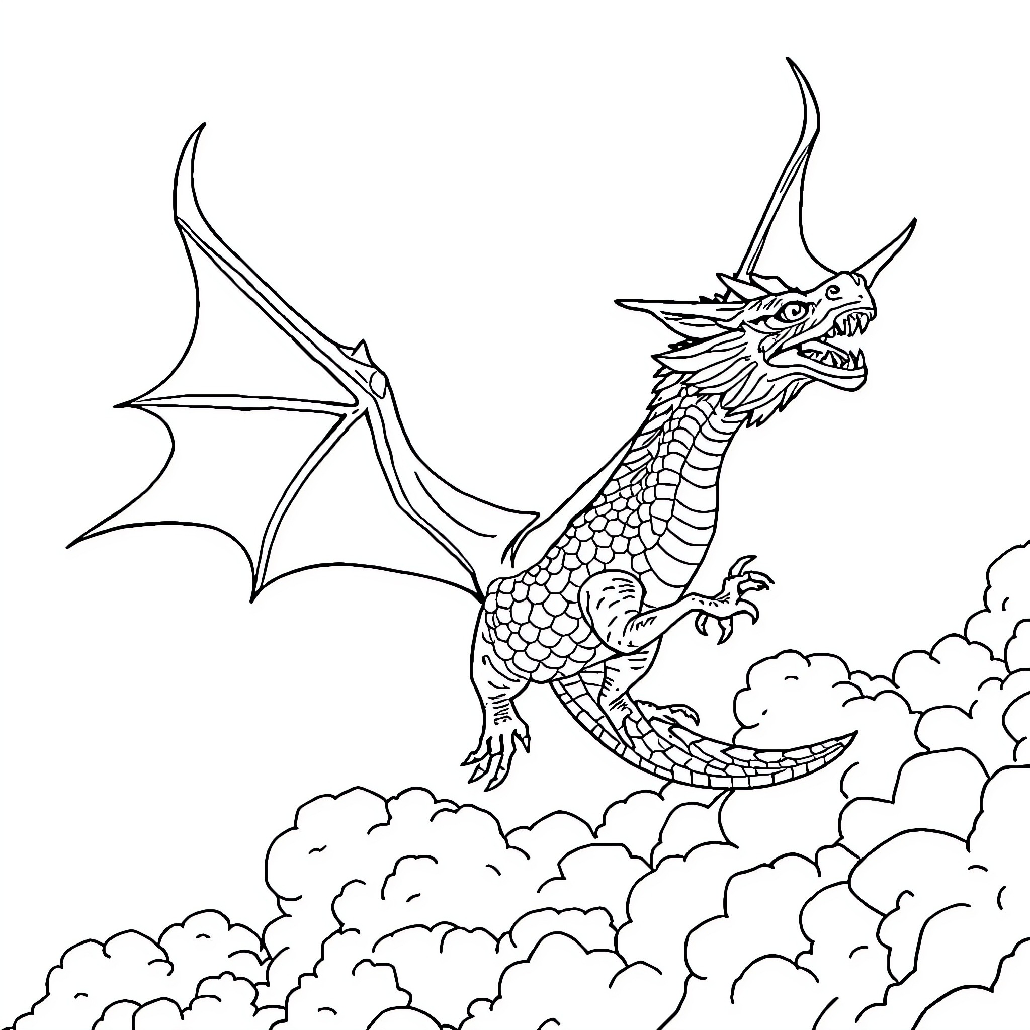 Dragon soaring through cloudy skies Coloring Page (free black-and-white line drawing printable PDF for all, from beginners to advanced learners, including children, teens, adults, and seniors)