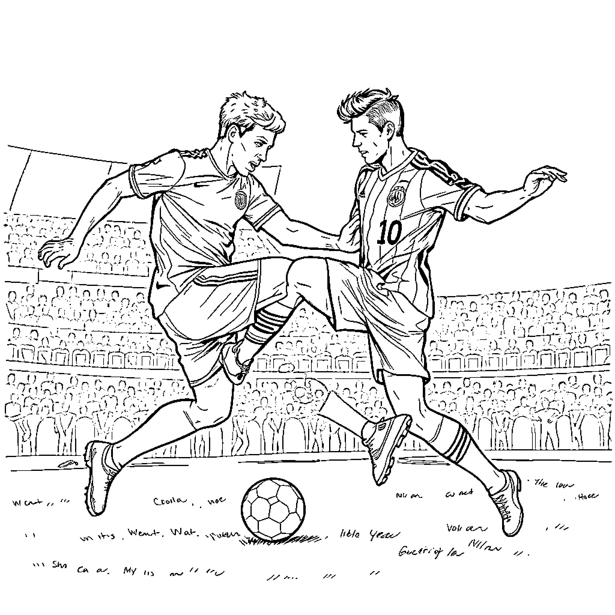 Boca Players Competing in Soccer Match Coloring Page (free black-and-white line drawing printable PDF for all, from beginners to advanced learners, including children, teens, adults, and seniors)
