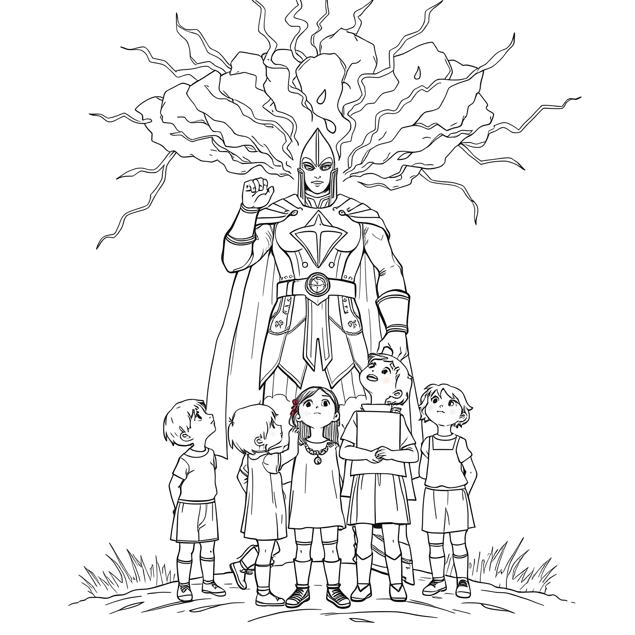 Child heroes standing before a powerful warrior Coloring Page (free black-and-white line drawing printable PDF for all, from beginners to advanced learners, including children, teens, adults, and seniors)
