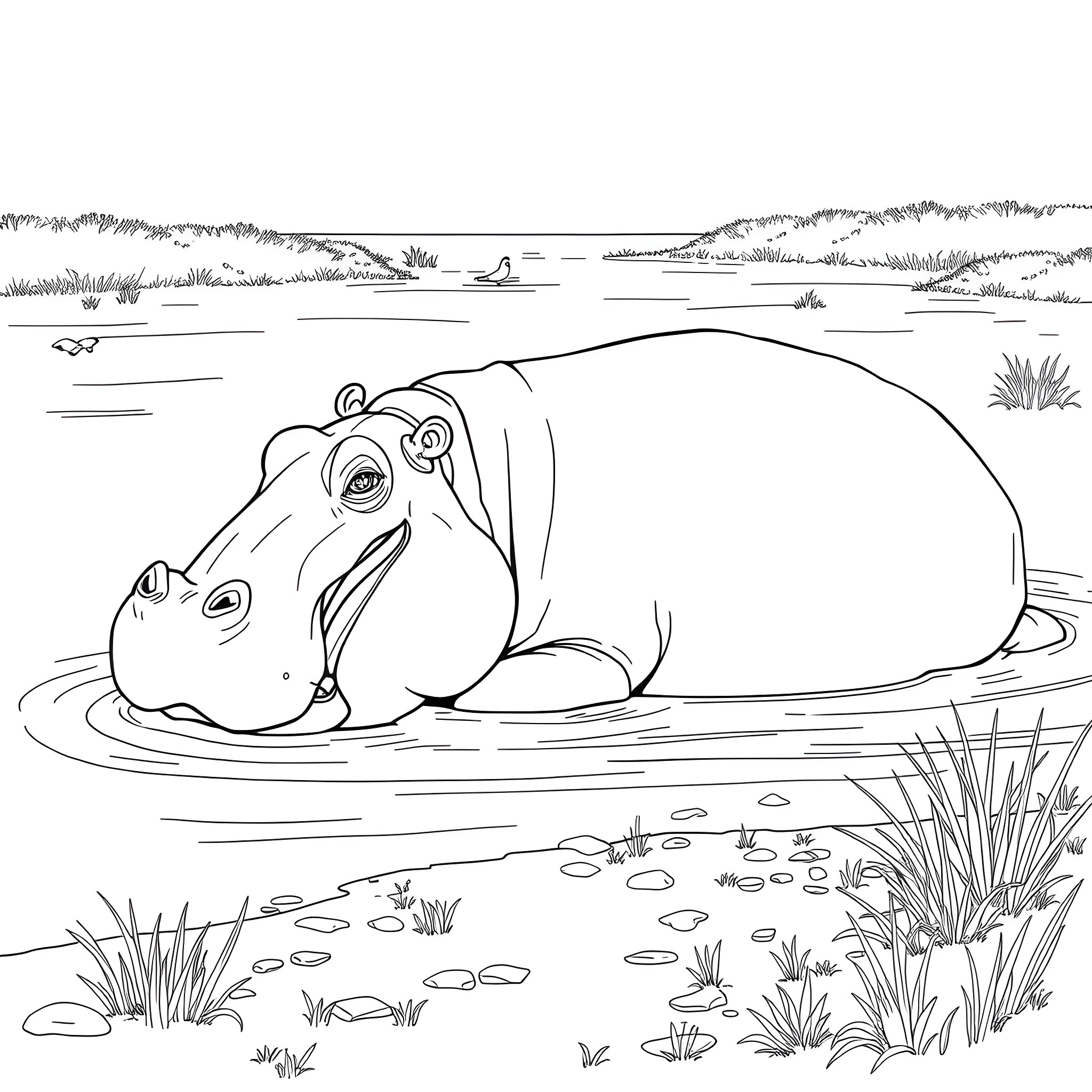 Hippopotamus relaxing in the water Coloring Page (free black-and-white line drawing printable PDF for all, from beginners to advanced learners, including children, teens, adults, and seniors)