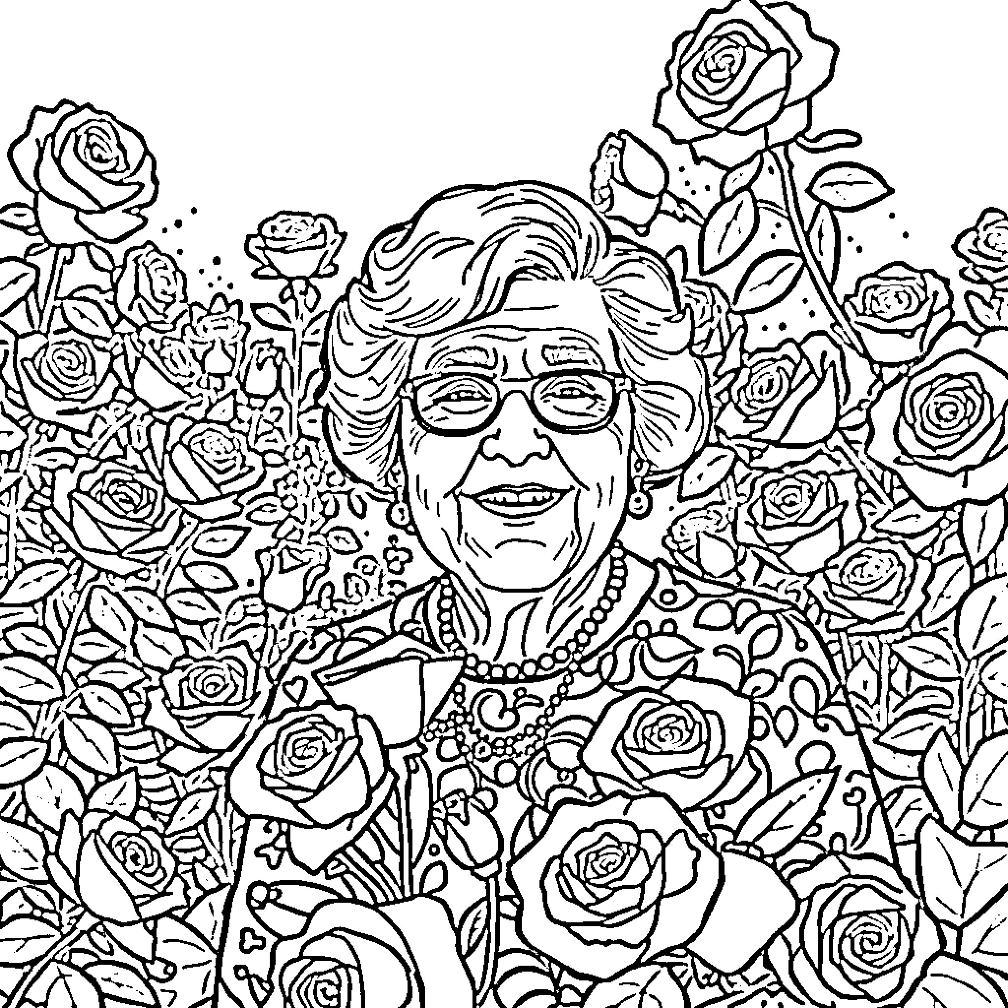 Grandma surrounded by beautiful roses Coloring Page (free black-and-white line drawing printable PDF for all, from beginners to advanced learners, including children, teens, adults, and seniors)