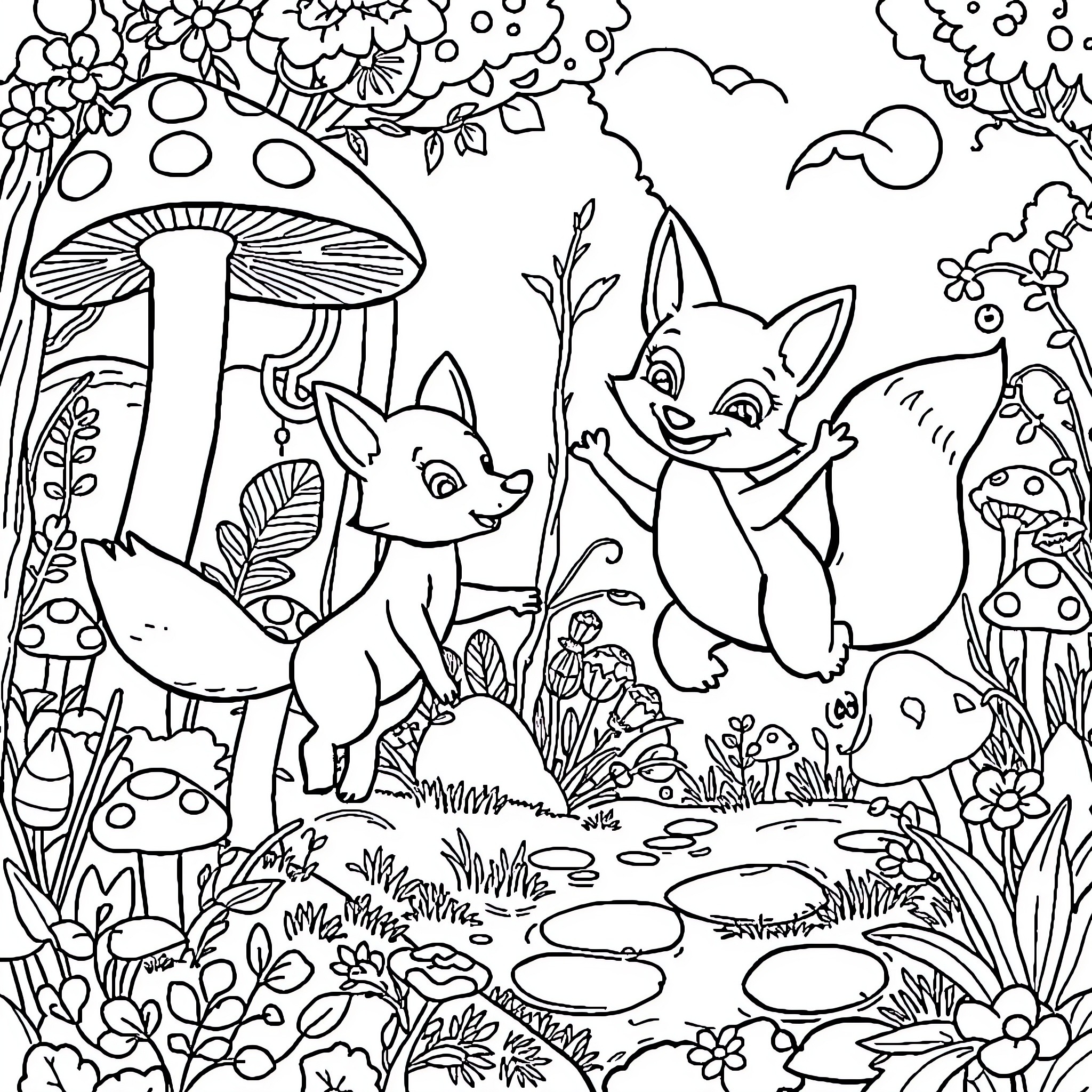Fox Cubs Frolicking in the Enchanted Forest Coloring Page (free black-and-white line drawing printable PDF for all, from beginners to advanced learners, including children, teens, adults, and seniors)