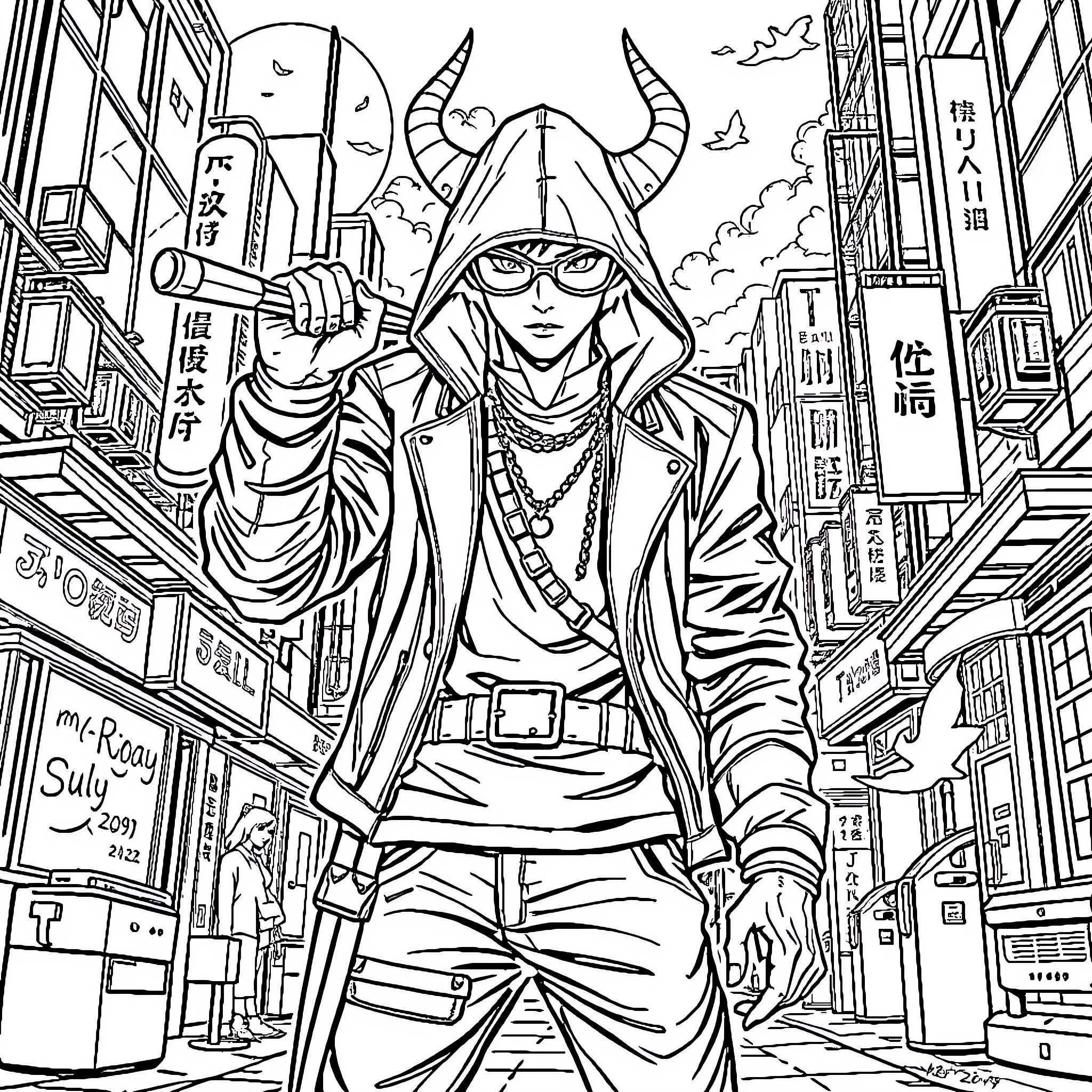 Kpop Demon Hunter in action-packed city scene Coloring Page (free black-and-white line drawing printable PDF for all, from beginners to advanced learners, including children, teens, adults, and seniors)