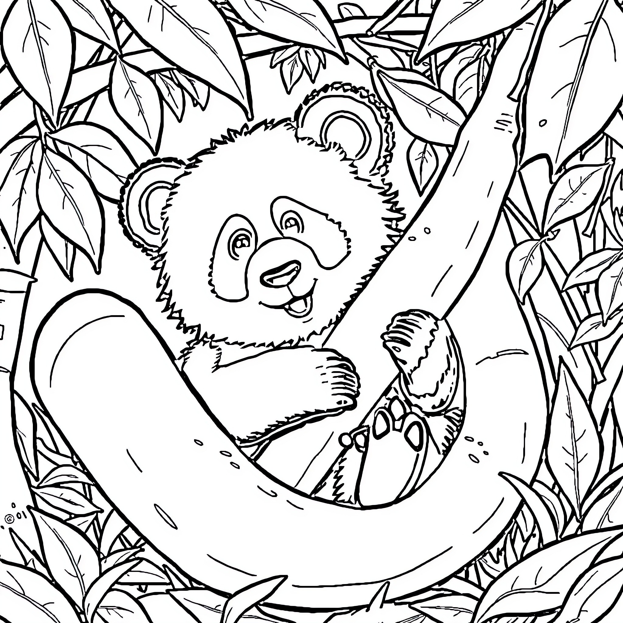 Panda resting peacefully in lush jungle foliage Coloring Page (free black-and-white line drawing printable PDF for all, from beginners to advanced learners, including children, teens, adults, and seniors)