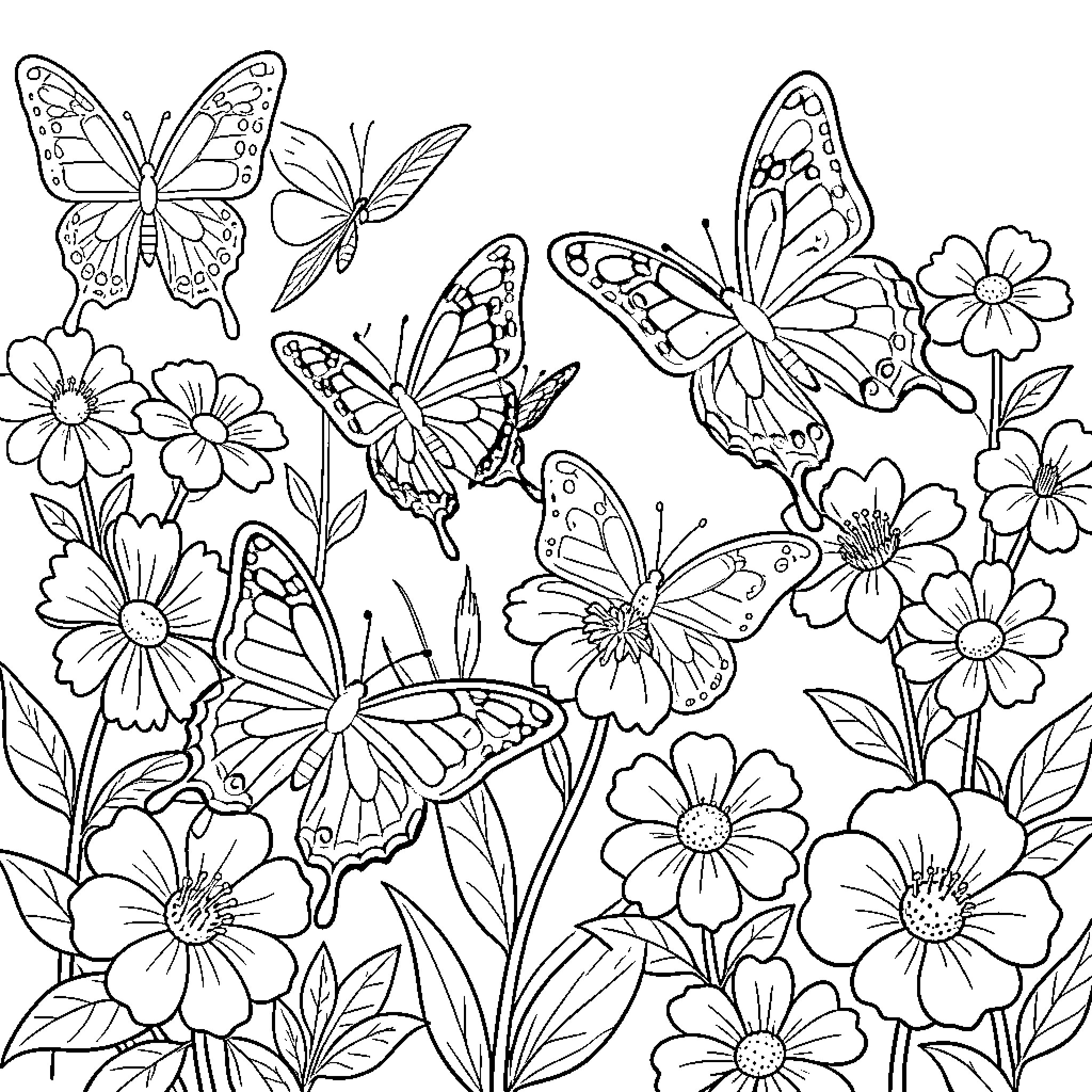 Butterfly garden with floral patterns Coloring Page (free black-and-white line drawing printable PDF for all, from beginners to advanced learners, including children, teens, adults, and seniors)