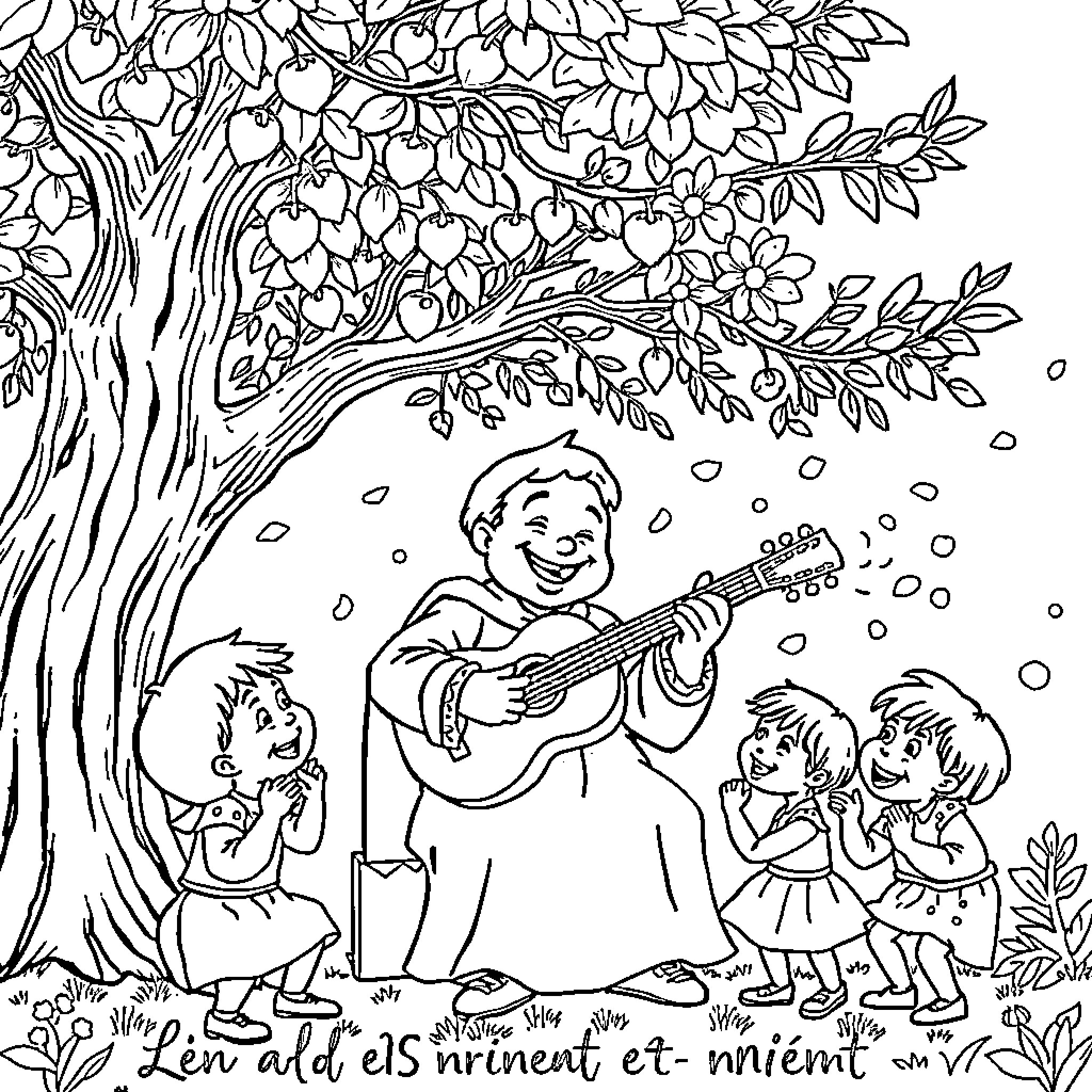 Mason playing guitar under a flowering tree Coloring Page (free black-and-white line drawing printable PDF for all, from beginners to advanced learners, including children, teens, adults, and seniors)