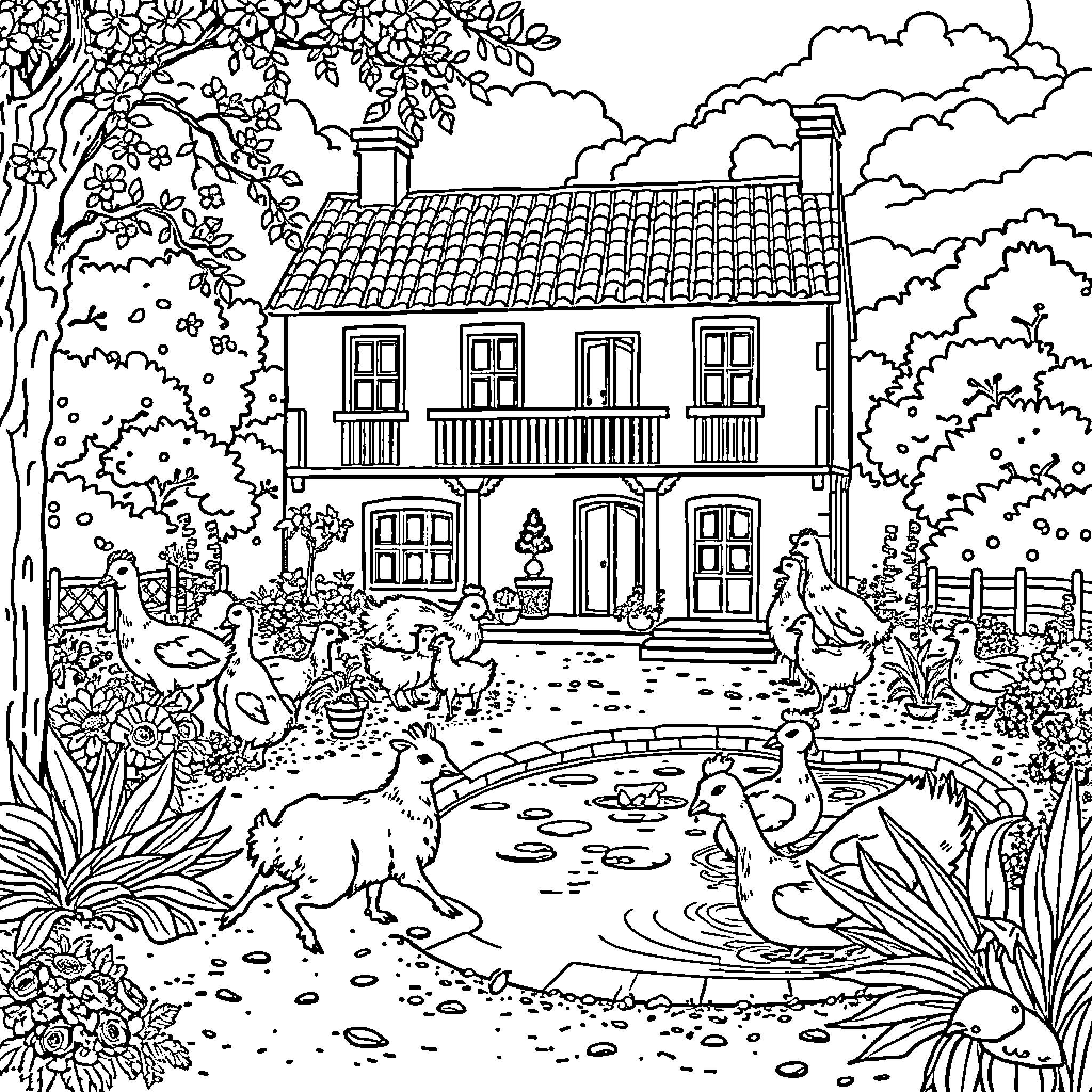 Granja con animales de corral y naturaleza Coloring Page (free black-and-white line drawing printable PDF for all, from beginners to advanced learners, including children, teens, adults, and seniors)