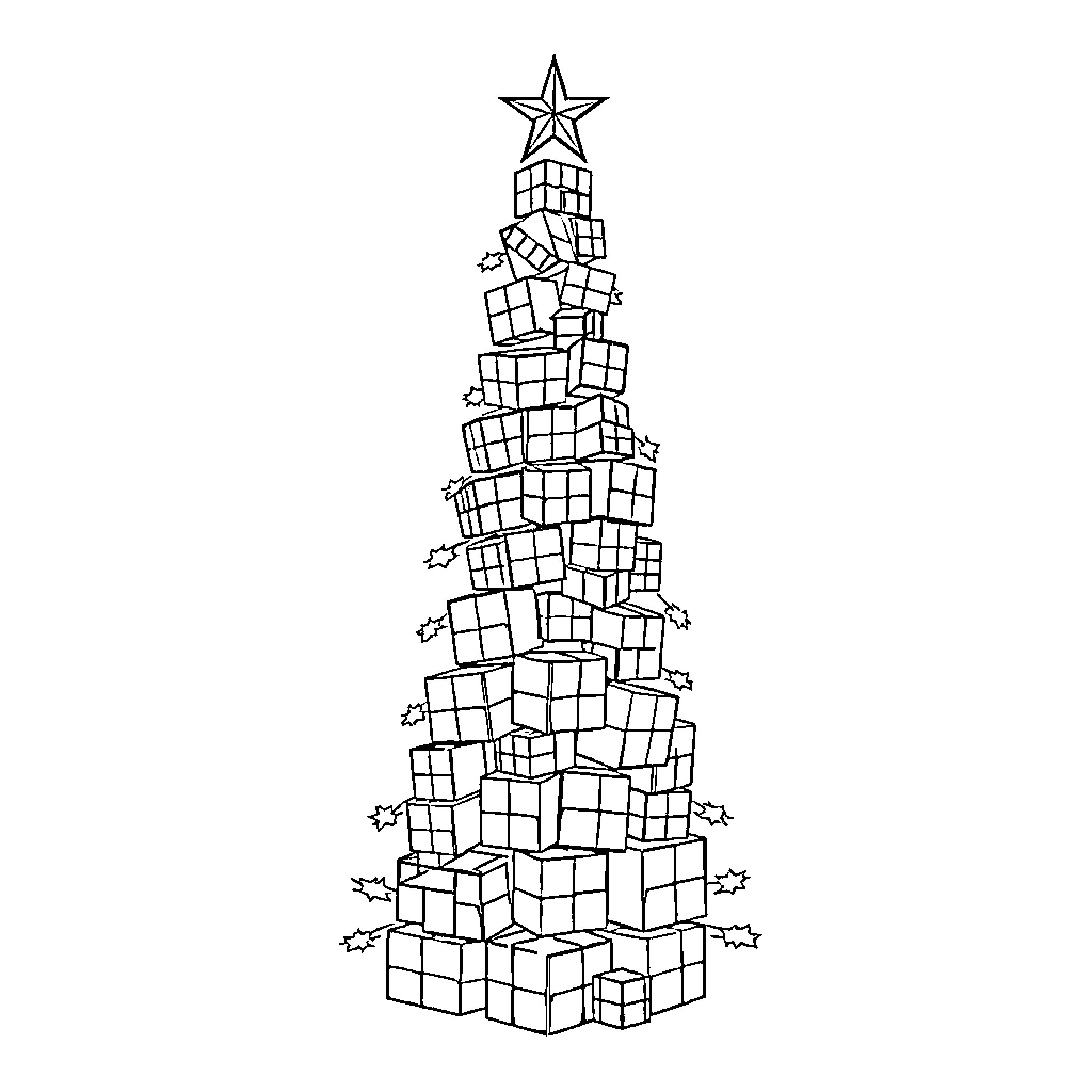 Christmas Tree made of Stacked Presents Coloring Page (free black-and-white line drawing printable PDF for all, from beginners to advanced learners, including children, teens, adults, and seniors)