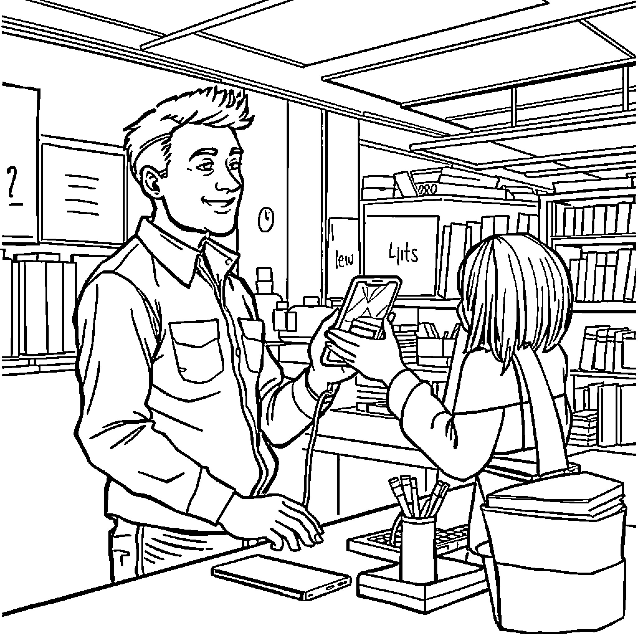 Guy assisting student in the library Coloring Page (free black-and-white line drawing printable PDF for all, from beginners to advanced learners, including children, teens, adults, and seniors)