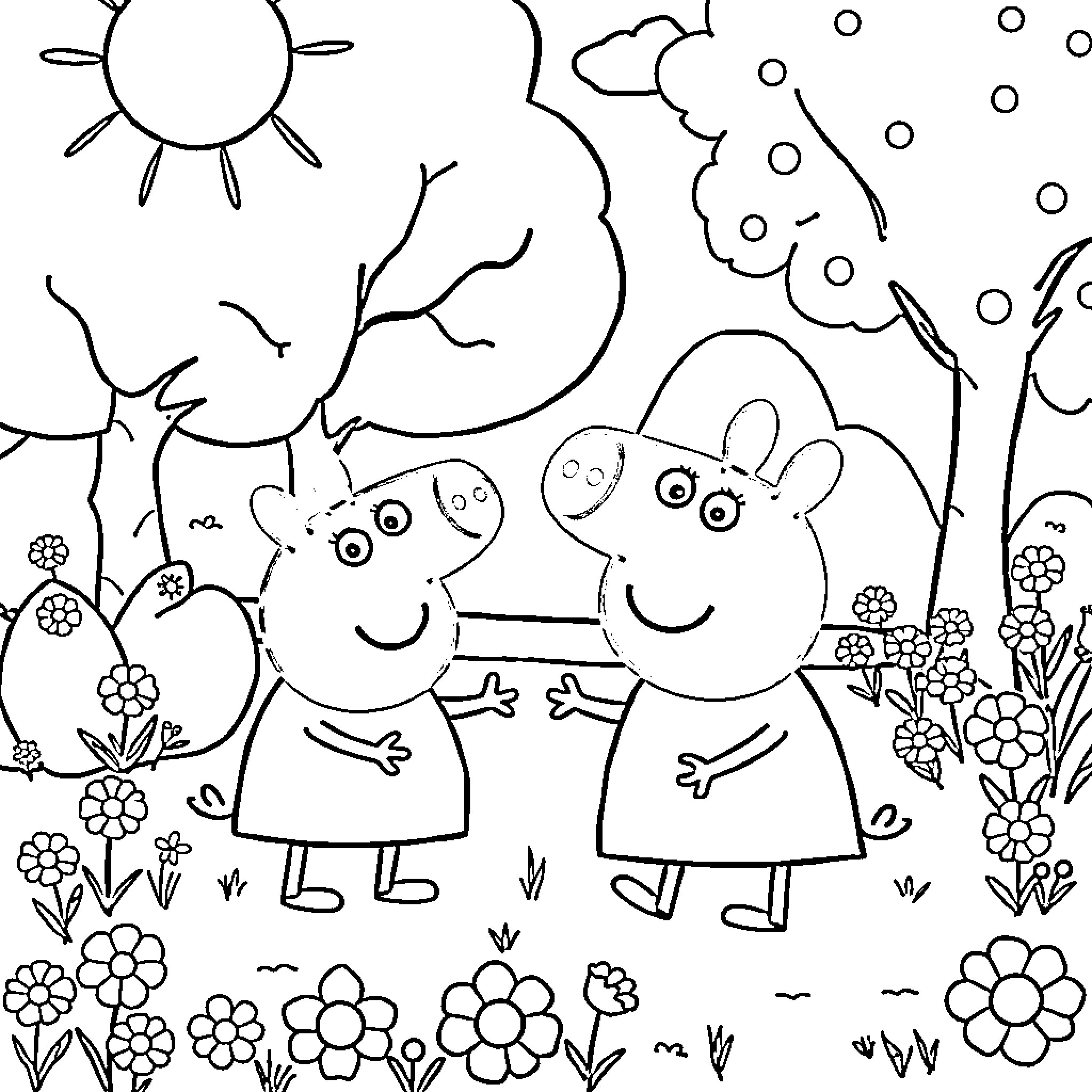 Peppa Pig and Friends Enjoying Outdoors Coloring Page (free black-and-white line drawing printable PDF for all, from beginners to advanced learners, including children, teens, adults, and seniors)