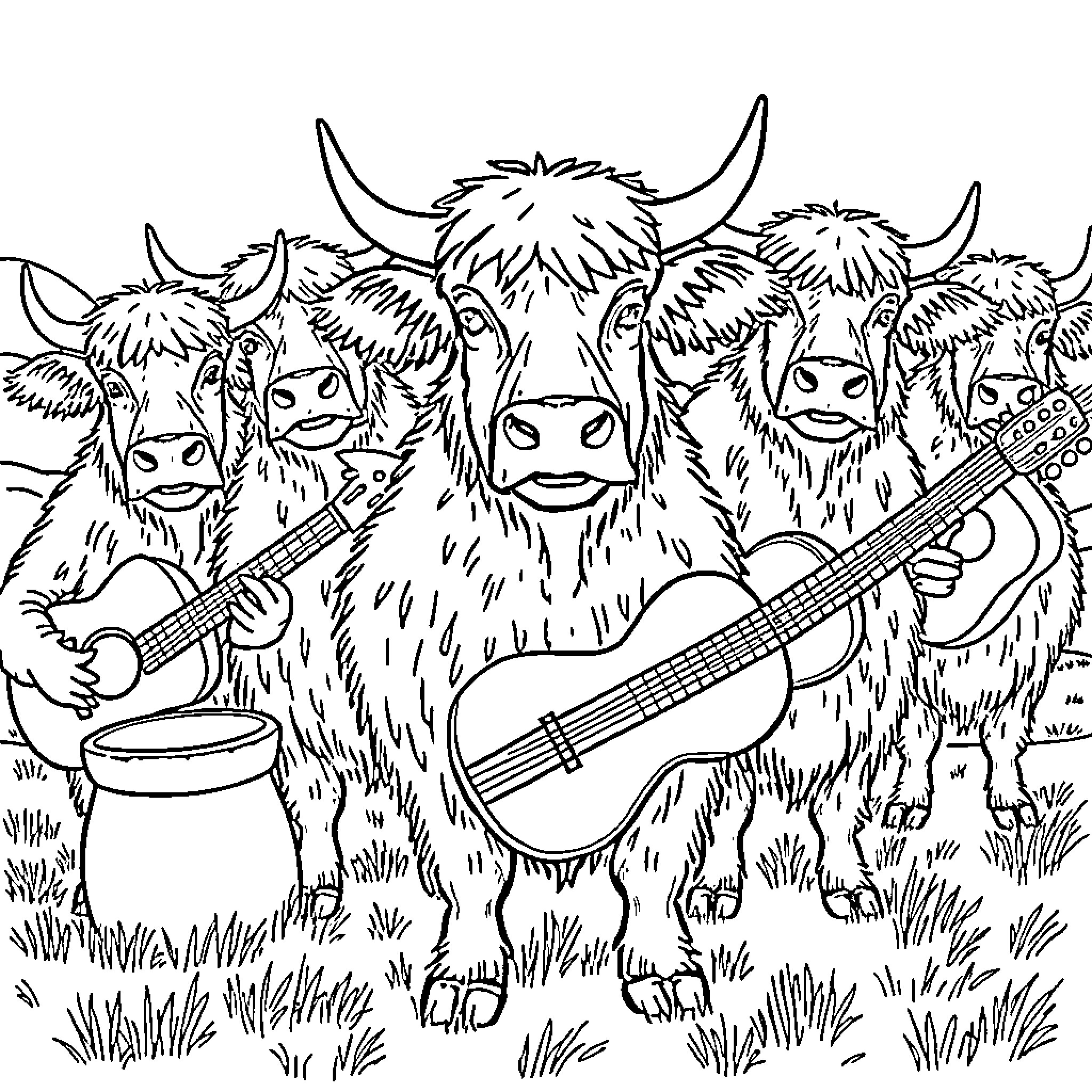Highland Cows Performing Musical Instruments Outdoors Coloring Page (free black-and-white line drawing printable PDF for all, from beginners to advanced learners, including children, teens, adults, and seniors)