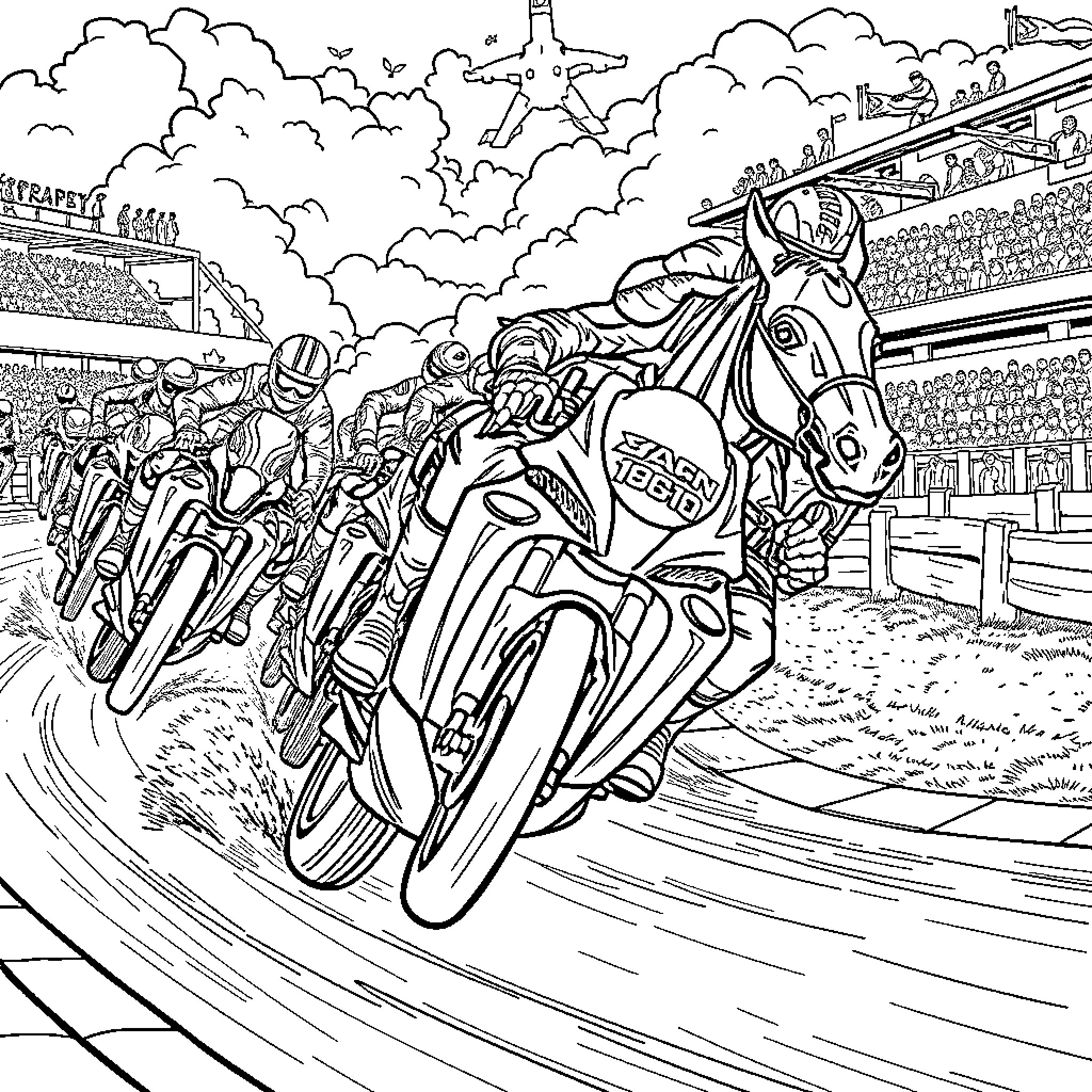 Horse Racing Action on the Track Coloring Page (free black-and-white line drawing printable PDF for all, from beginners to advanced learners, including children, teens, adults, and seniors)