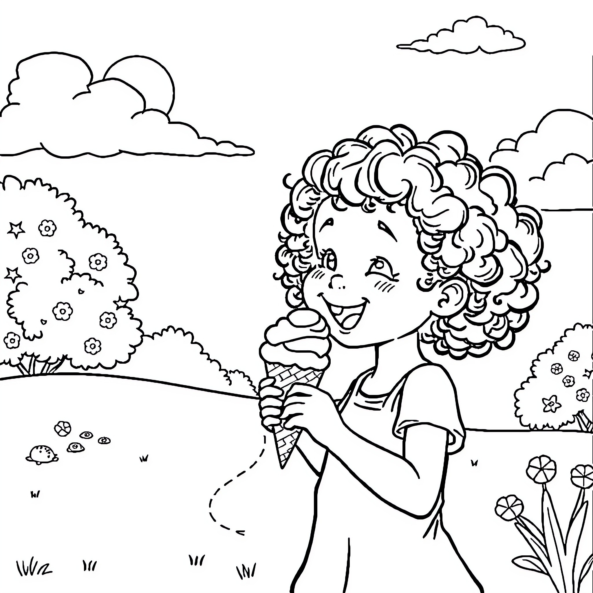 Girl enjoying an ice cream cone in a floral meadow Coloring Page (free black-and-white line drawing printable PDF for all, from beginners to advanced learners, including children, teens, adults, and seniors)
