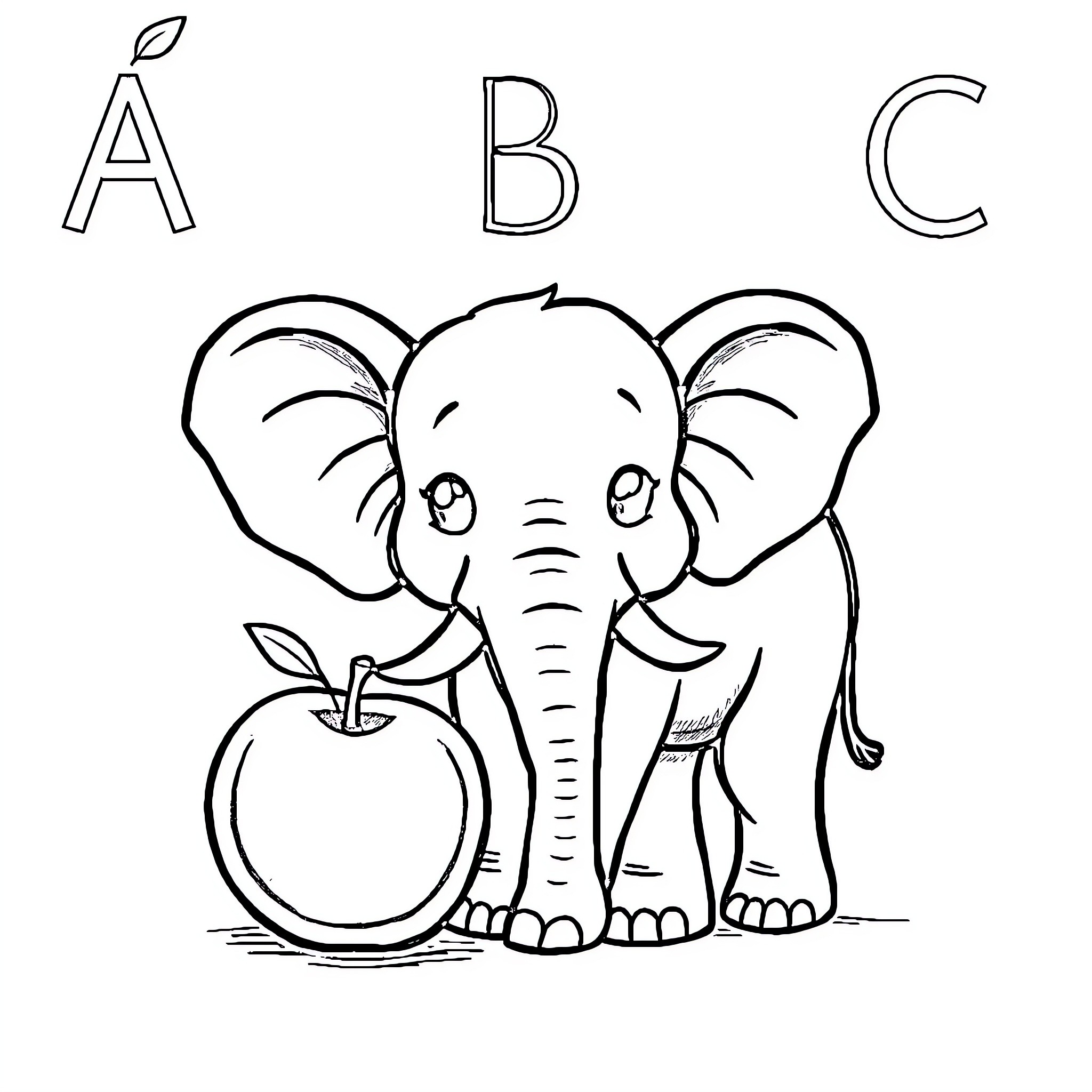 Alphabet elephant with fruit and nature Coloring Page (free black-and-white line drawing printable PDF for all, from beginners to advanced learners, including children, teens, adults, and seniors)