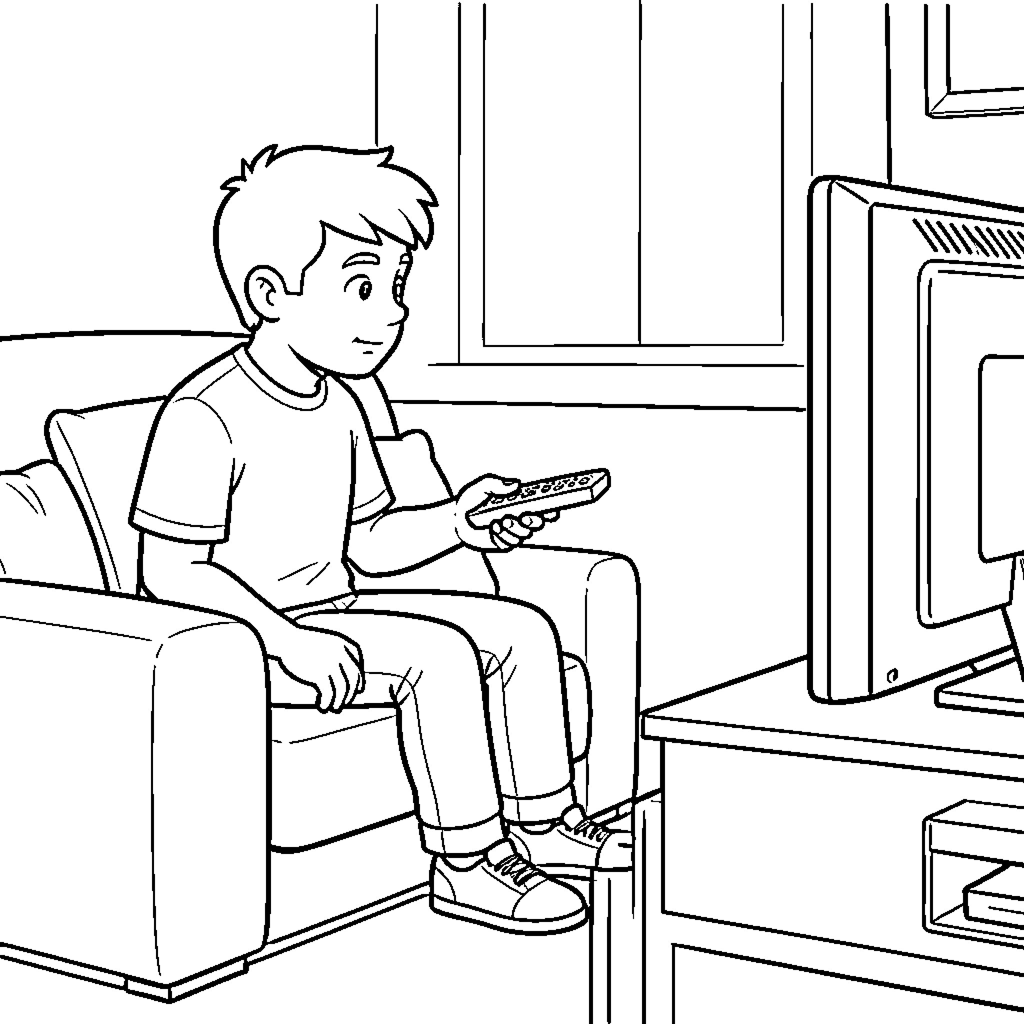 Bobby sitting on a sofa watching television Coloring Page (free black-and-white line drawing printable PDF for all, from beginners to advanced learners, including children, teens, adults, and seniors)