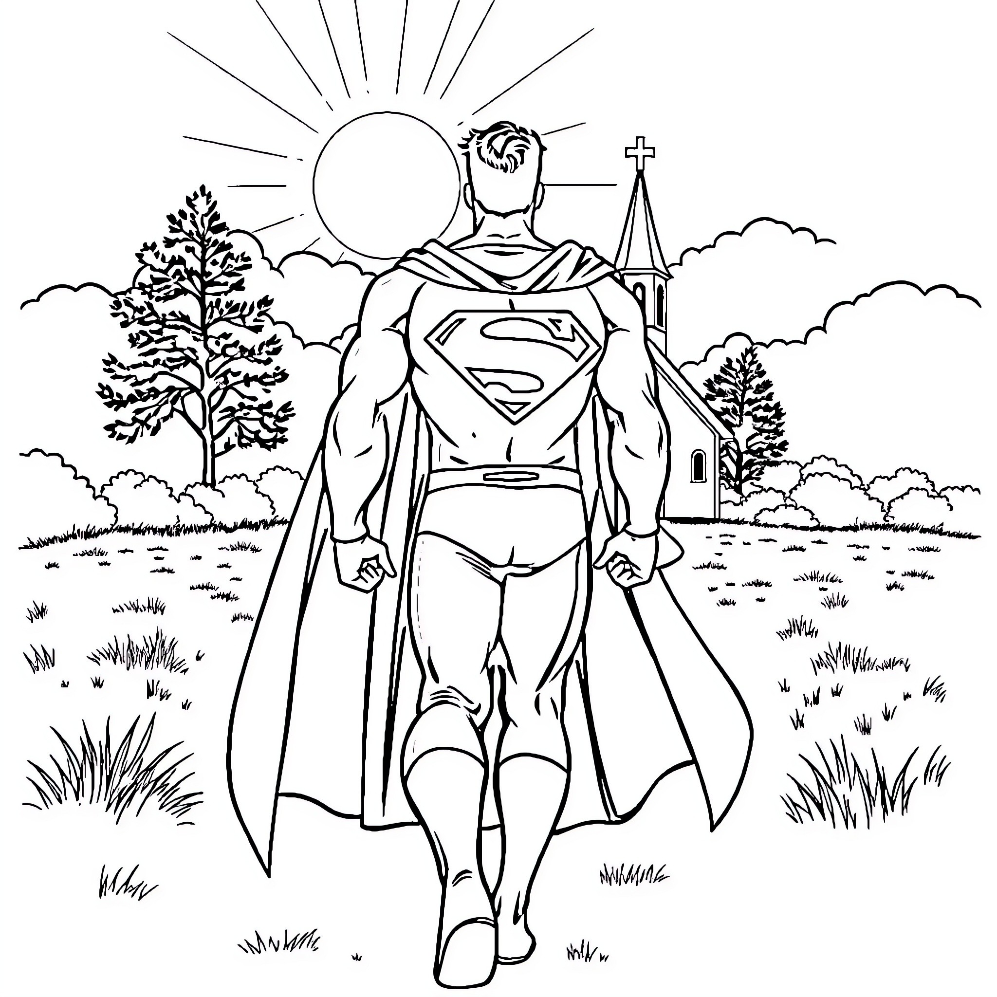 Superman standing heroically in nature Coloring Page (free black-and-white line drawing printable PDF for all, from beginners to advanced learners, including children, teens, adults, and seniors)