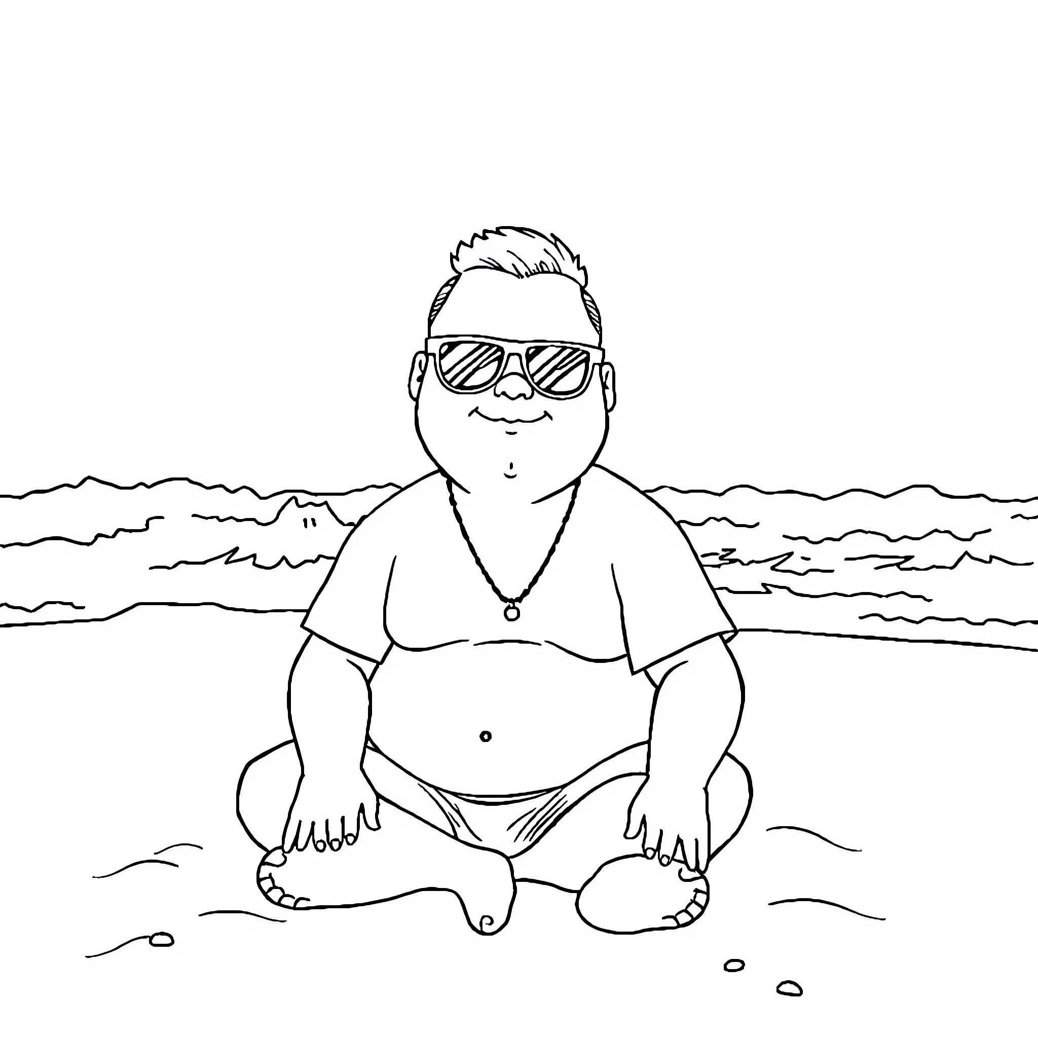 Bobby Hill relaxing on the beach in sunglasses Coloring Page (free black-and-white line drawing printable PDF for all, from beginners to advanced learners, including children, teens, adults, and seniors)