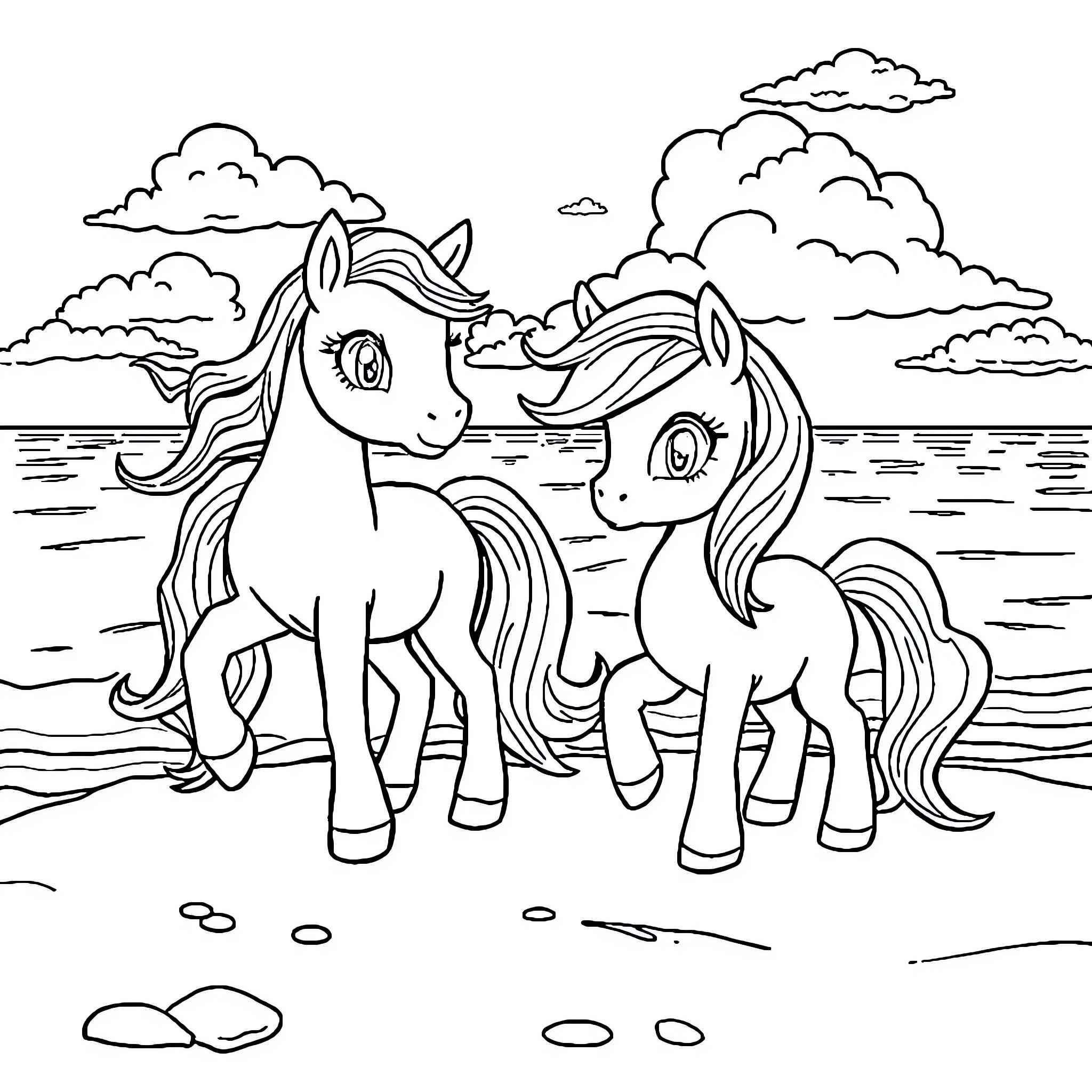 Pony Friends Exploring Serene Landscape Coloring Page (free black-and-white line drawing printable PDF for all, from beginners to advanced learners, including children, teens, adults, and seniors)