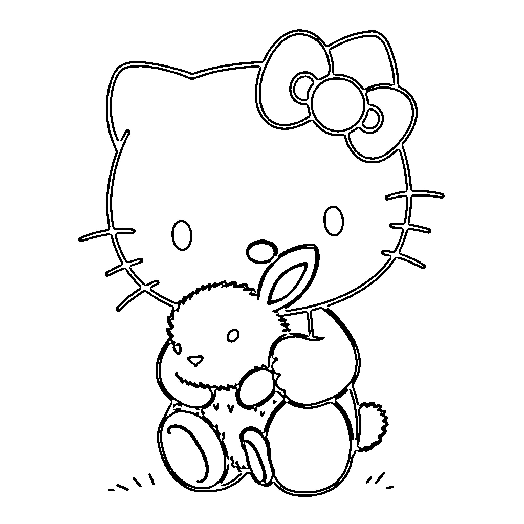 Hello Kitty playing with a stuffed animal Coloring Page (free black-and-white line drawing printable PDF for all, from beginners to advanced learners, including children, teens, adults, and seniors)