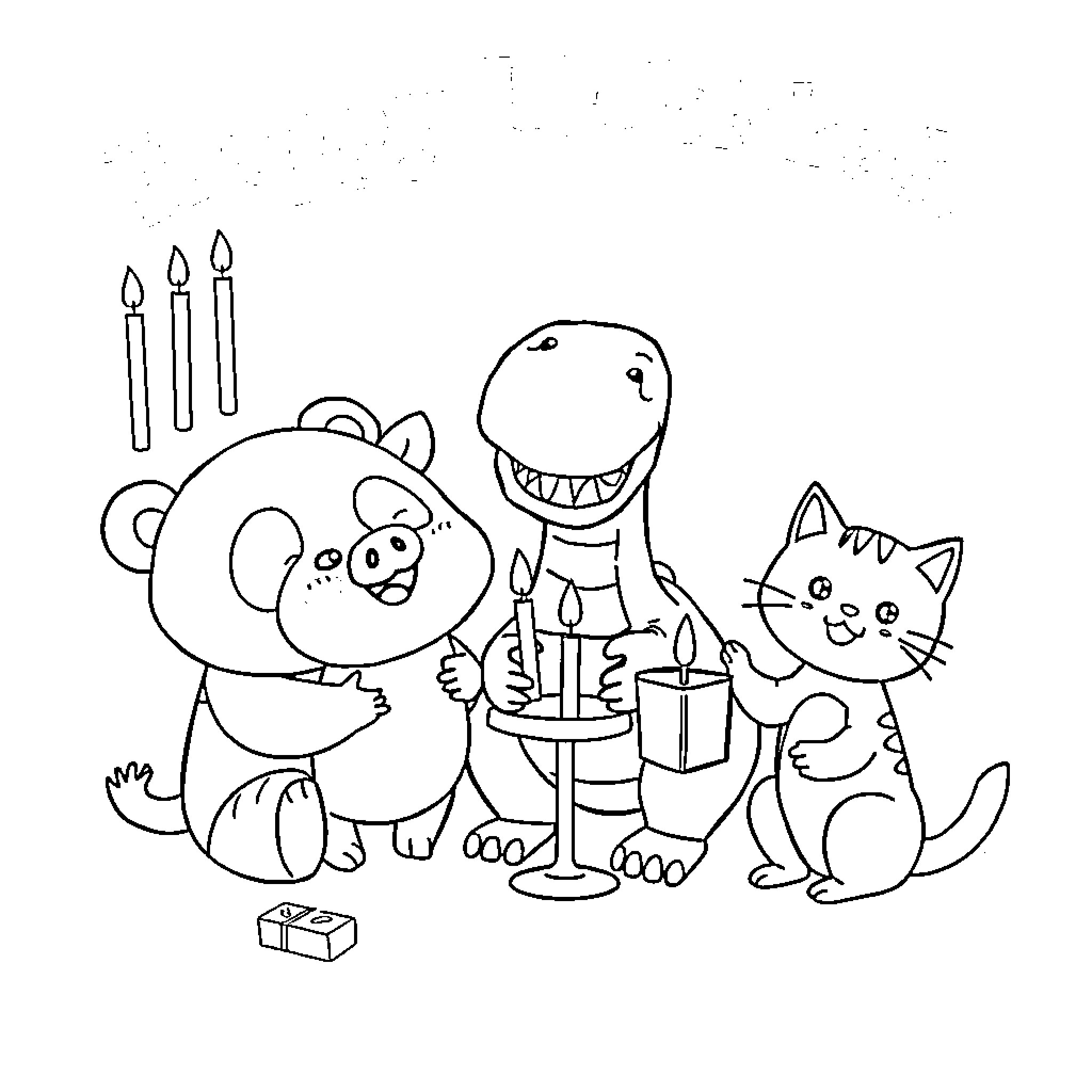 Panda, dinosaur, and cat celebrating with birthday cake Coloring Page (free black-and-white line drawing printable PDF for all, from beginners to advanced learners, including children, teens, adults, and seniors)
