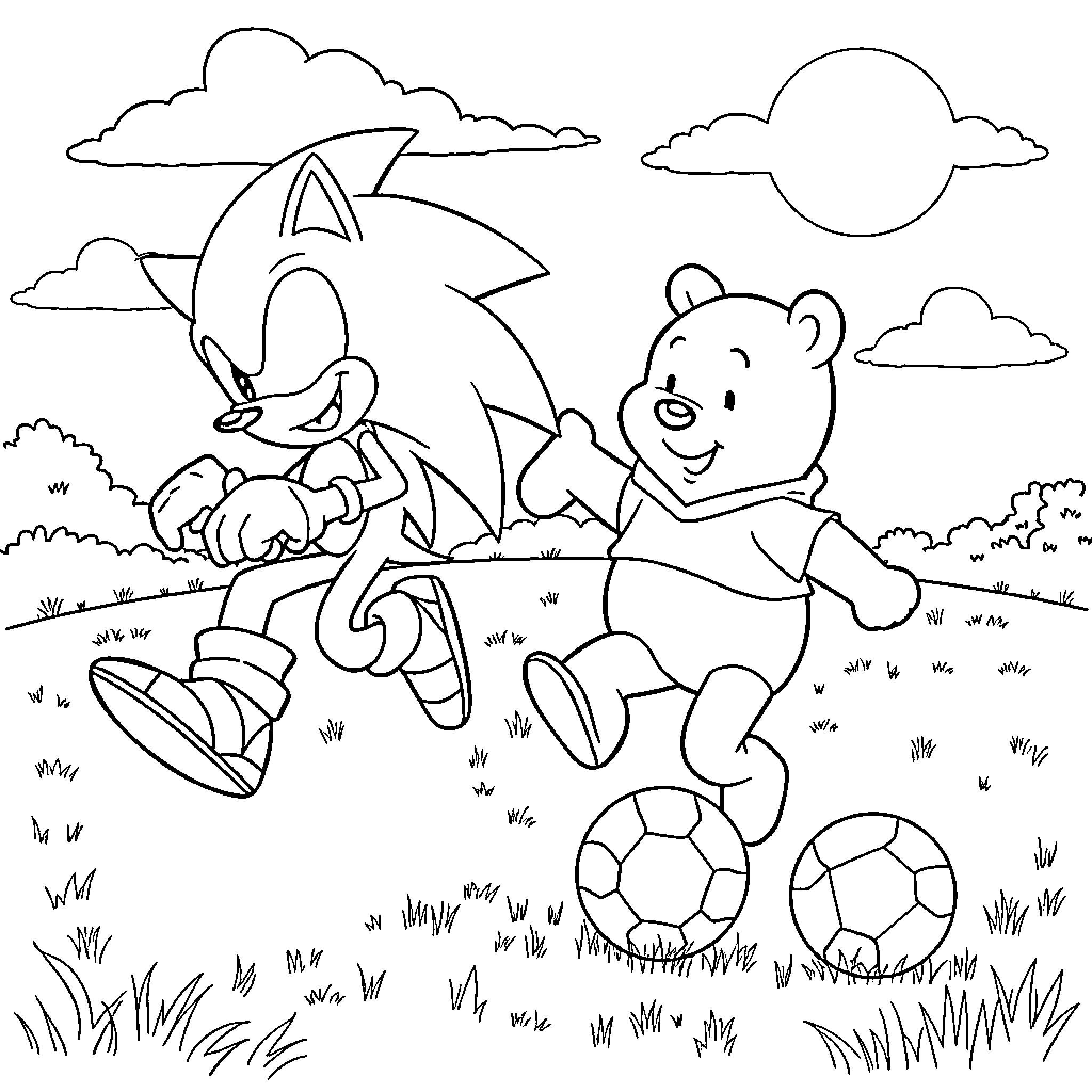 Sonic playing with a friendly bear in a field Coloring Page (free black-and-white line drawing printable PDF for all, from beginners to advanced learners, including children, teens, adults, and seniors)