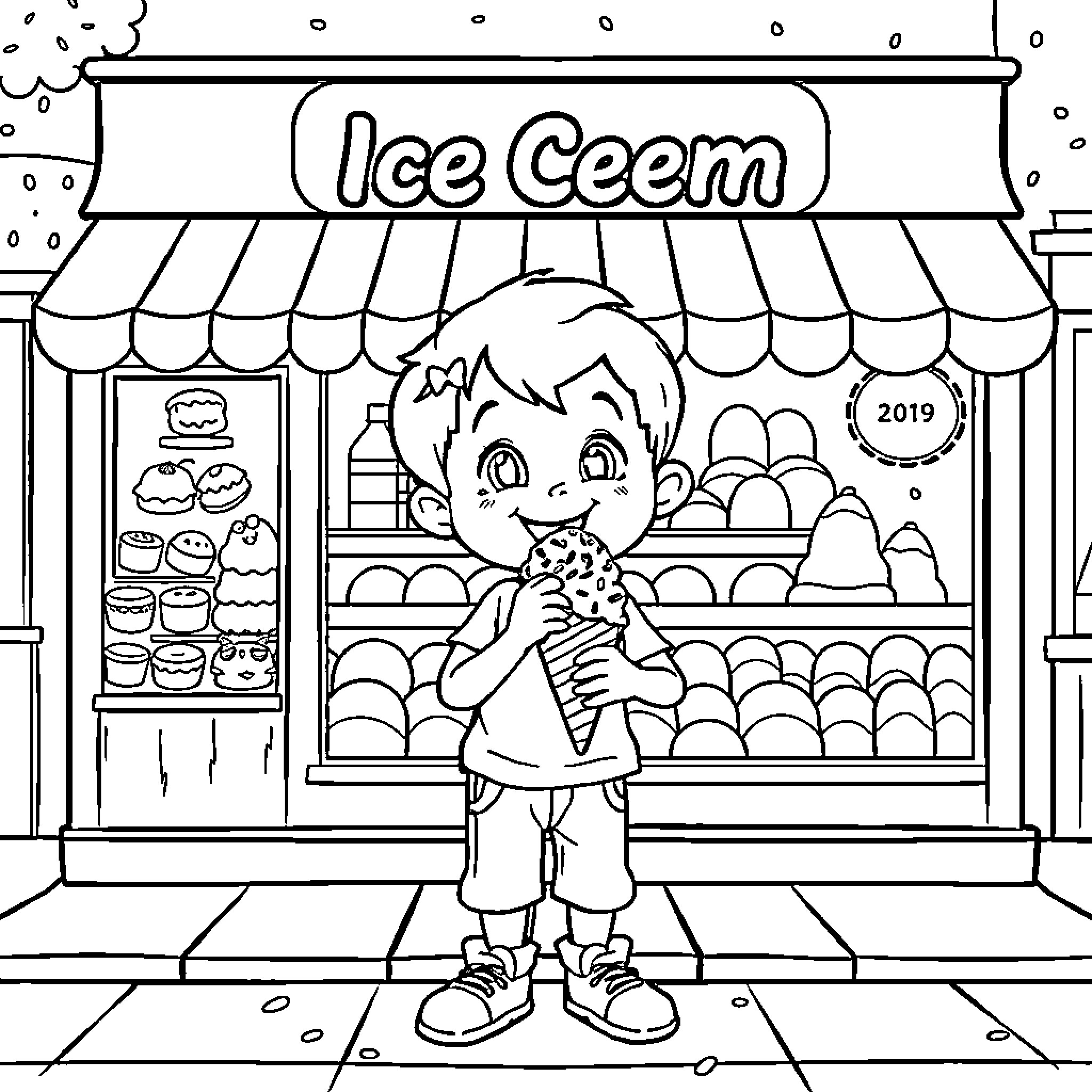 Kid enjoying ice cream at the shop Coloring Page (free black-and-white line drawing printable PDF for all, from beginners to advanced learners, including children, teens, adults, and seniors)