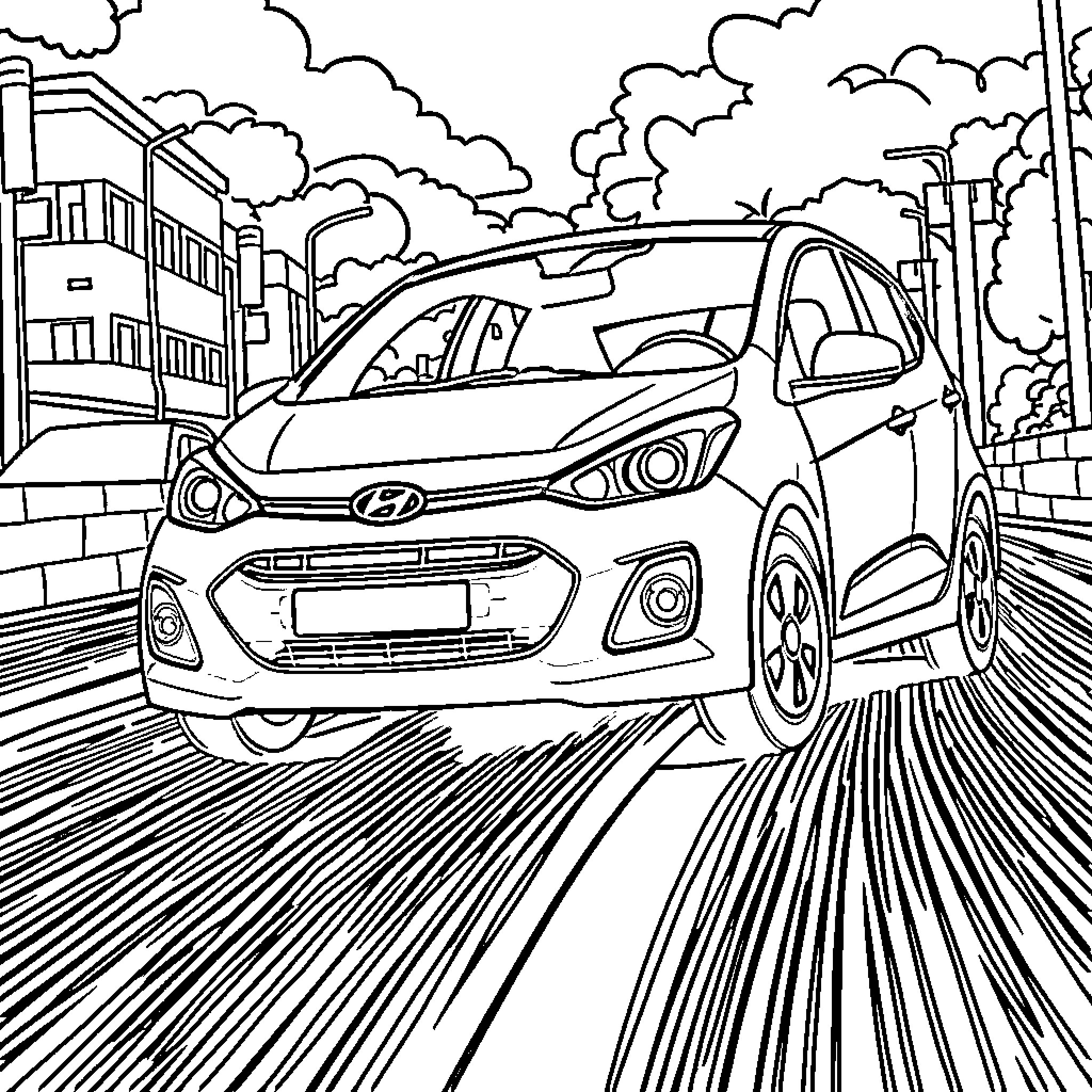 Hyundai Grand i10 on the city street Coloring Page (free black-and-white line drawing printable PDF for all, from beginners to advanced learners, including children, teens, adults, and seniors)