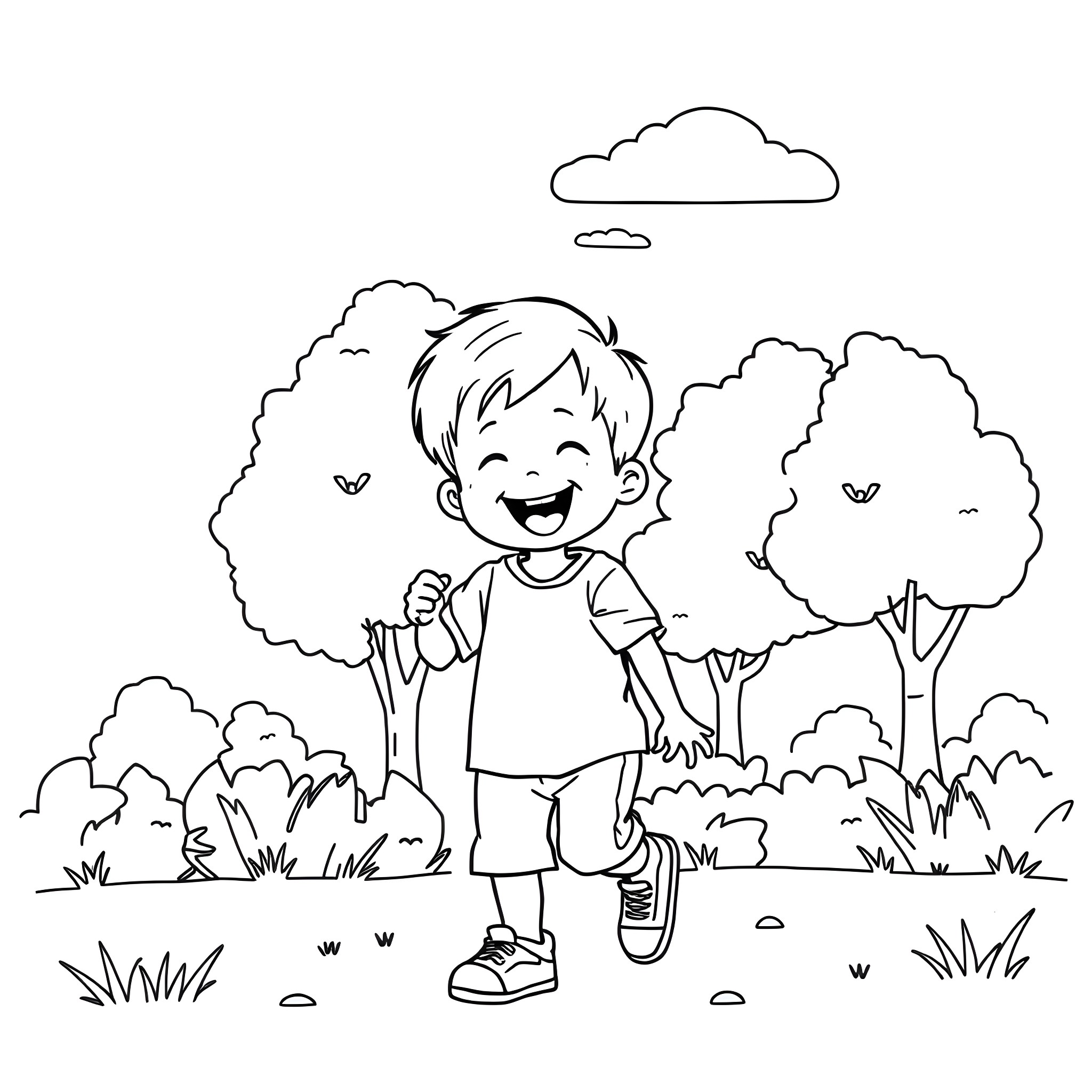 Kid playing happily in the park Coloring Page (free black-and-white line drawing printable PDF for all, from beginners to advanced learners, including children, teens, adults, and seniors)