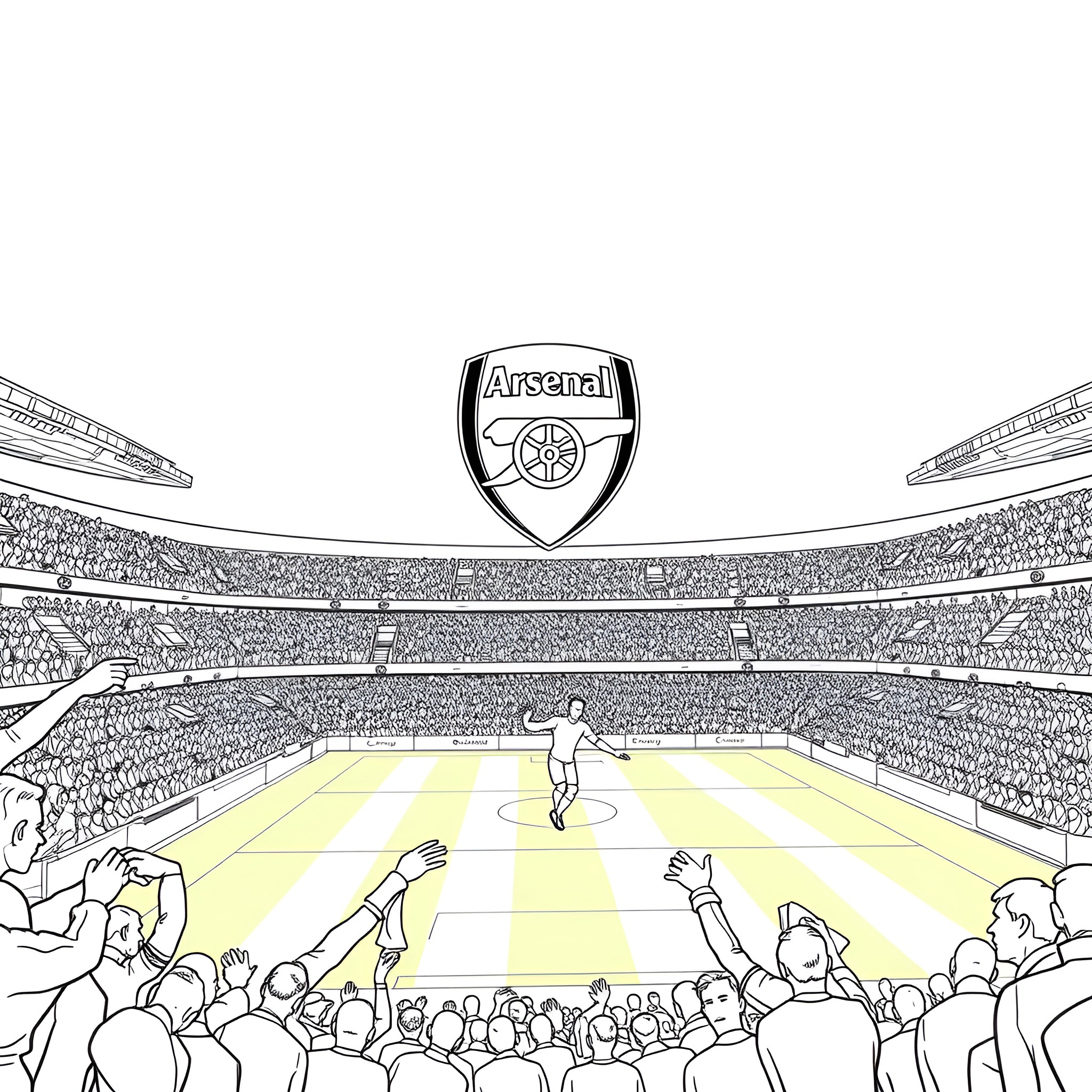 Arsenal players celebrating on the pitch Coloring Page (free black-and-white line drawing printable PDF for all, from beginners to advanced learners, including children, teens, adults, and seniors)