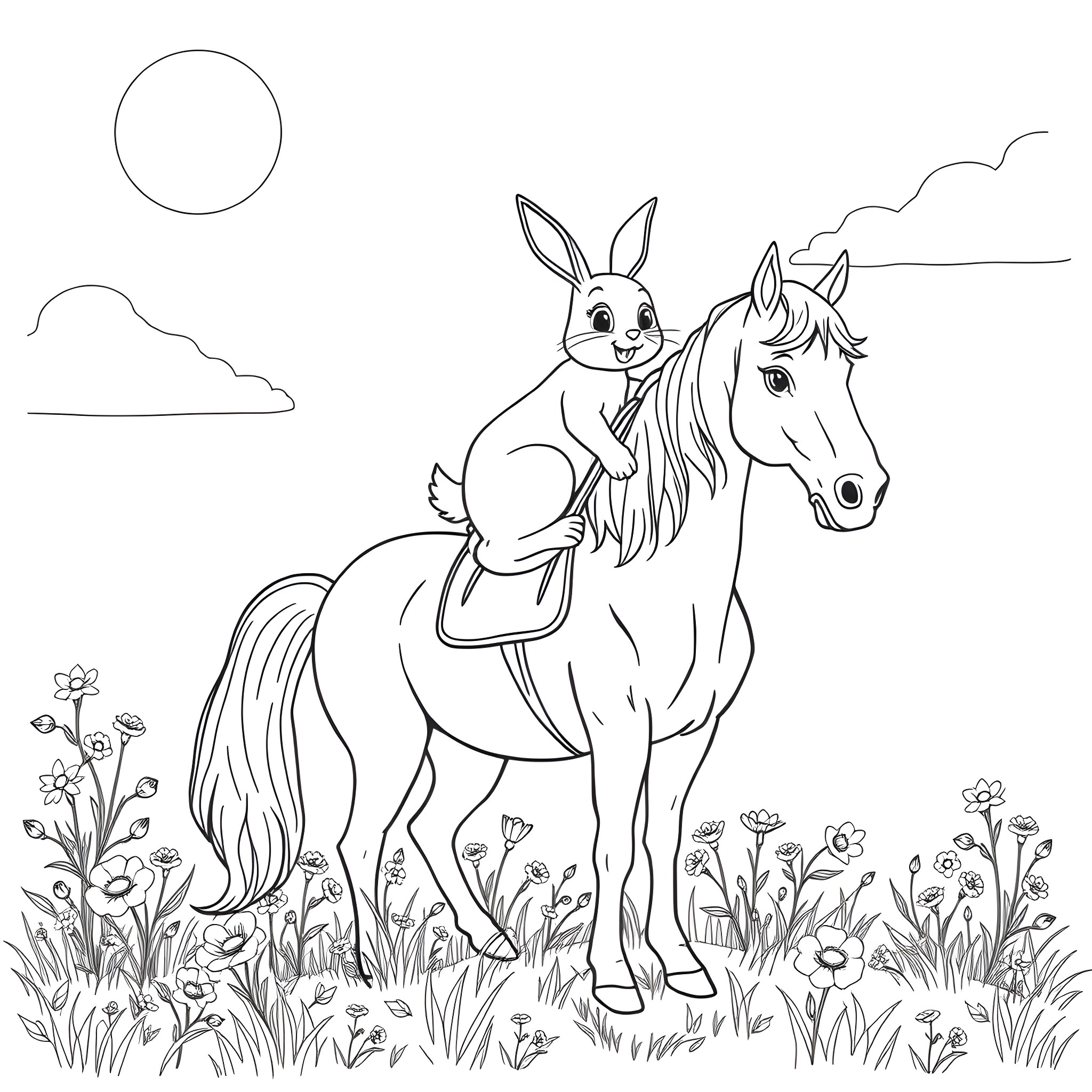 Bunny riding a horse in a meadow Coloring Page (free black-and-white line drawing printable PDF for all, from beginners to advanced learners, including children, teens, adults, and seniors)