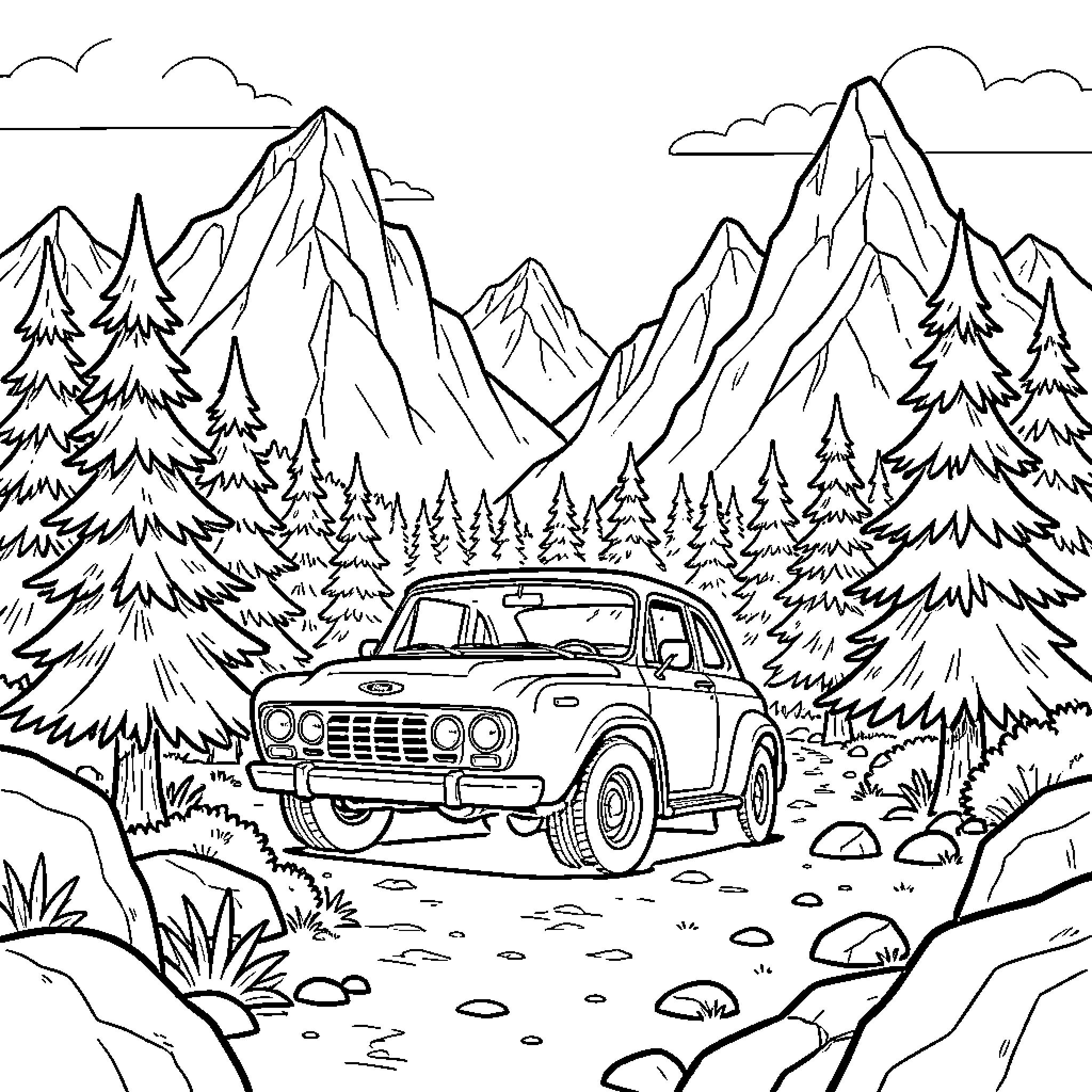 Ford Nugget driving through a scenic mountain forest Coloring Page (free black-and-white line drawing printable PDF for all, from beginners to advanced learners, including children, teens, adults, and seniors)